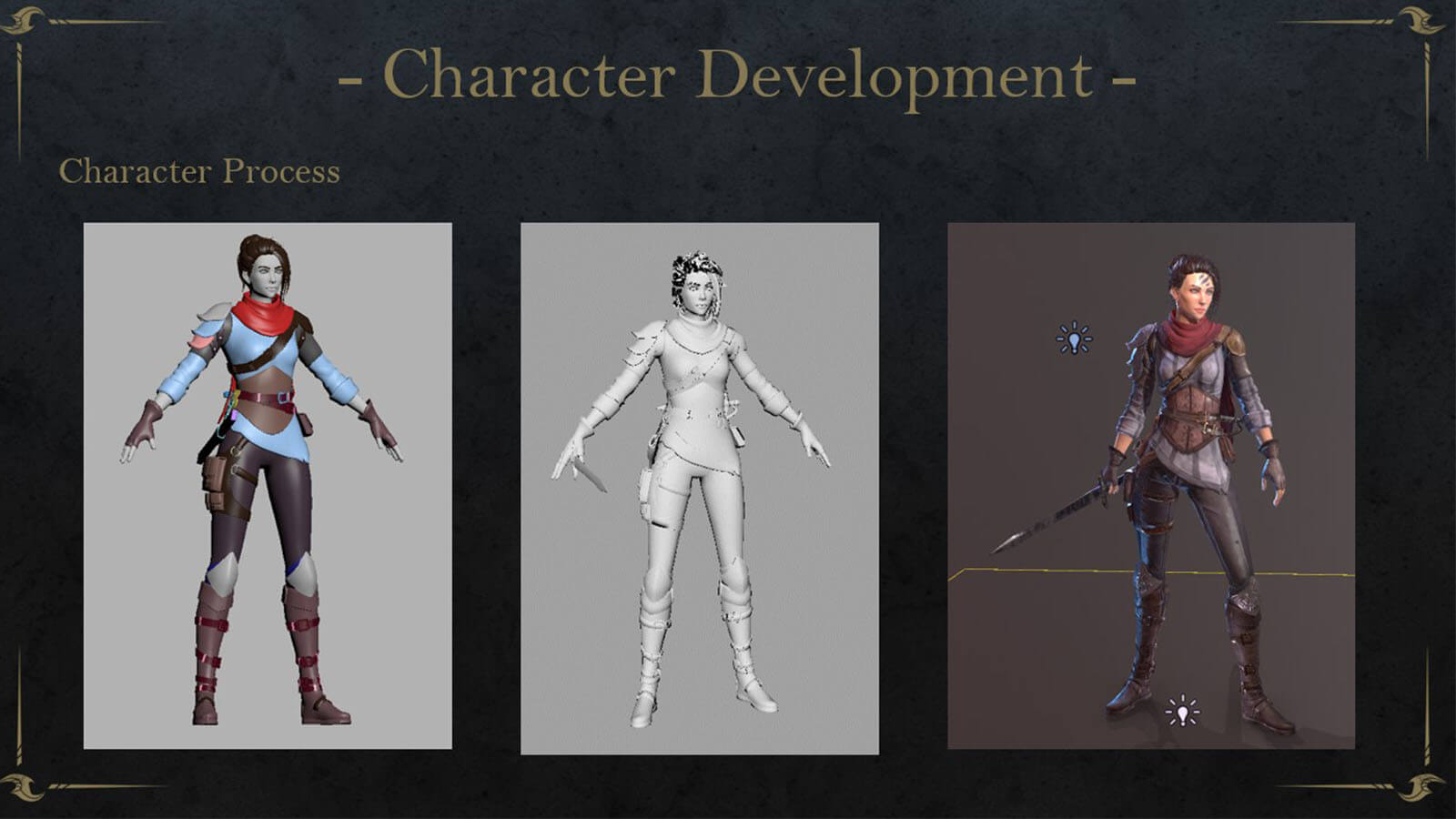 Three female adventurer character model process images showing them from start to finish