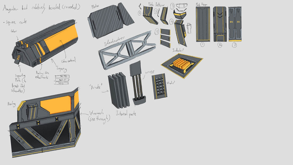 Concept sketches of futuristic laboratory set dressing