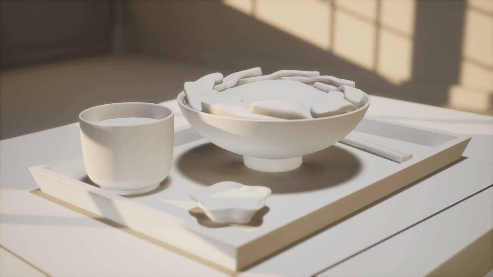 White untextured 3D models of dishes on a meal tray