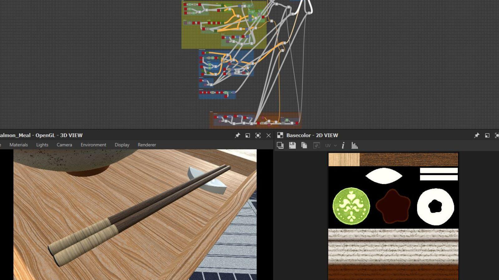 Workflow chart and close-up of chopsticks image in Substance 3D Designer