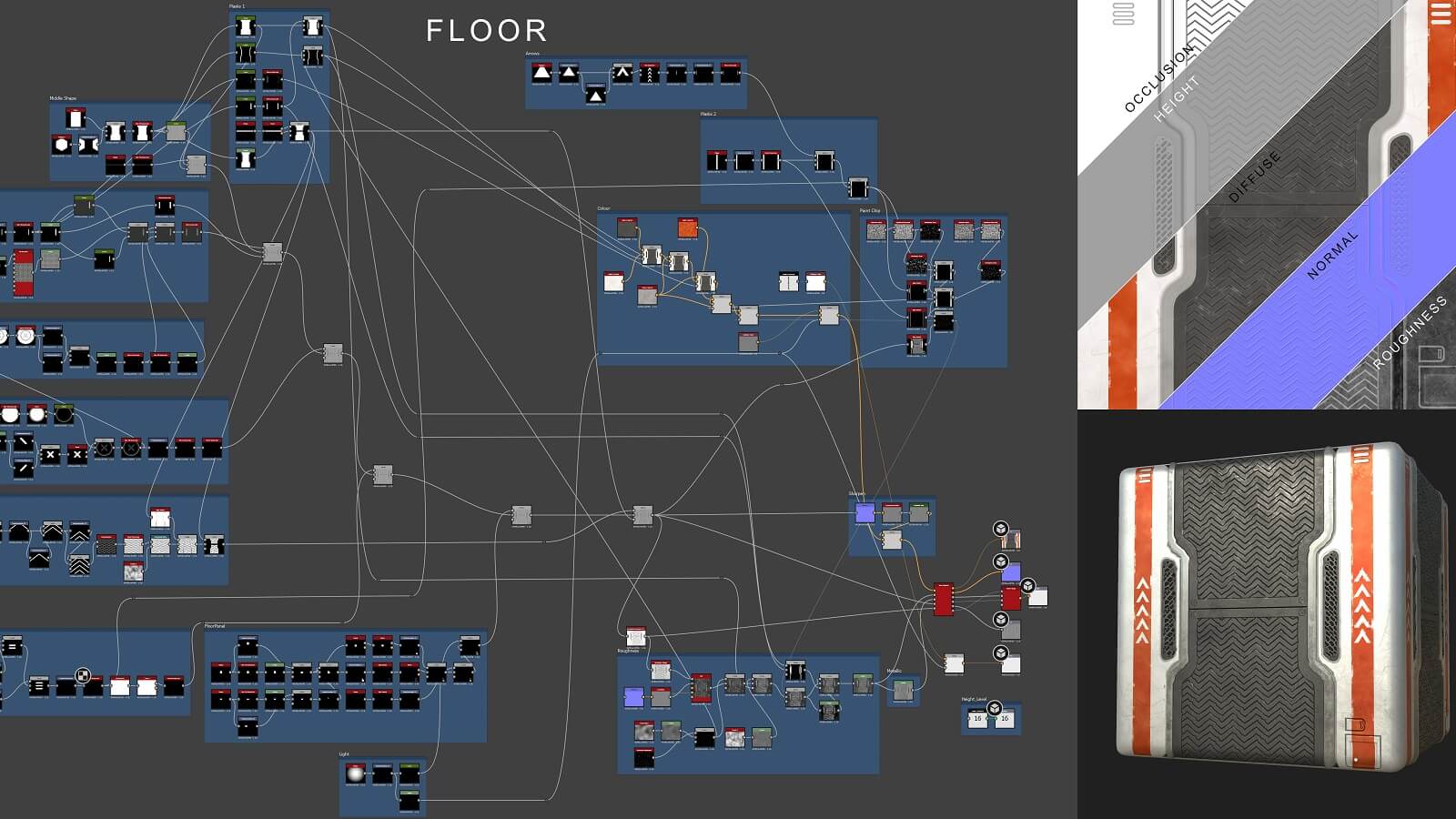 Complex workflow chart with closeup of metal floor texture in Substance 3D Designer