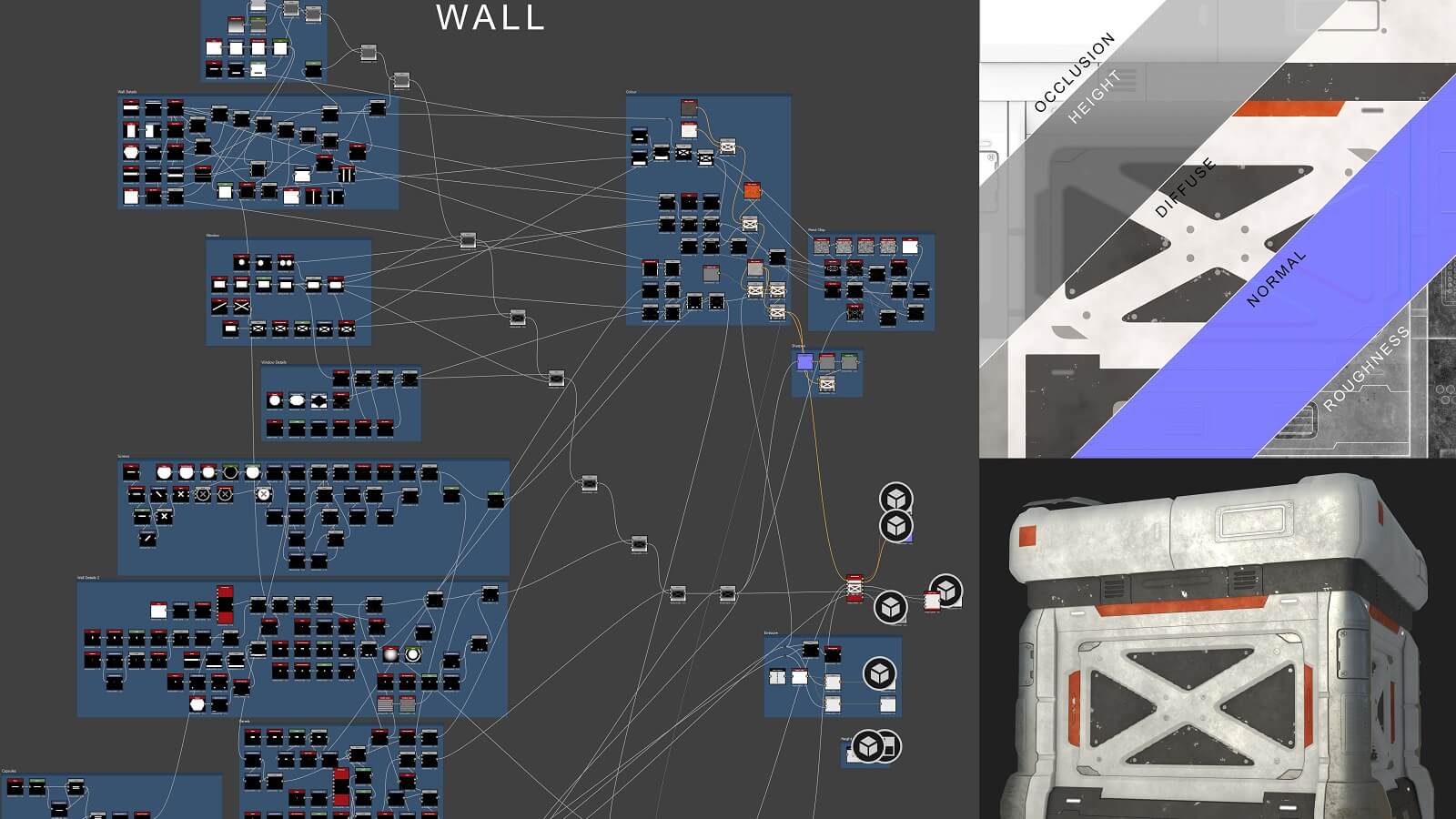Complex workflow chart with closeup of corridor wall design in Substance 3D Designer