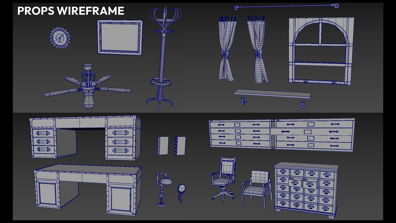 Wireframe images of 3D mesh props that were used in the making of the video