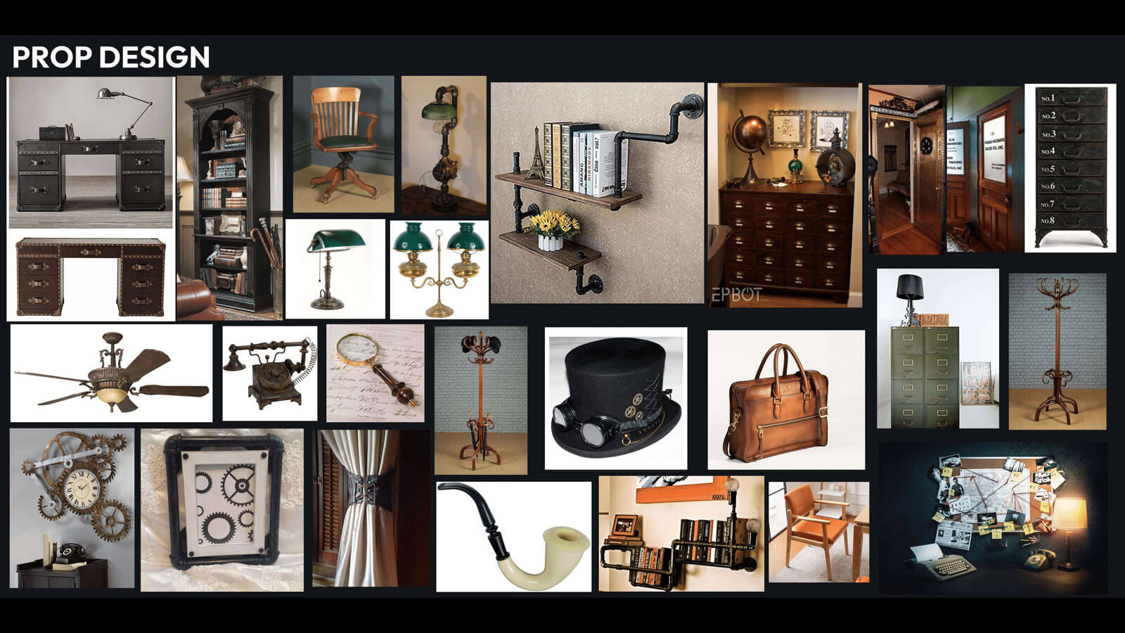 Collage of various contemporary reference images of office furniture and items used for prop design