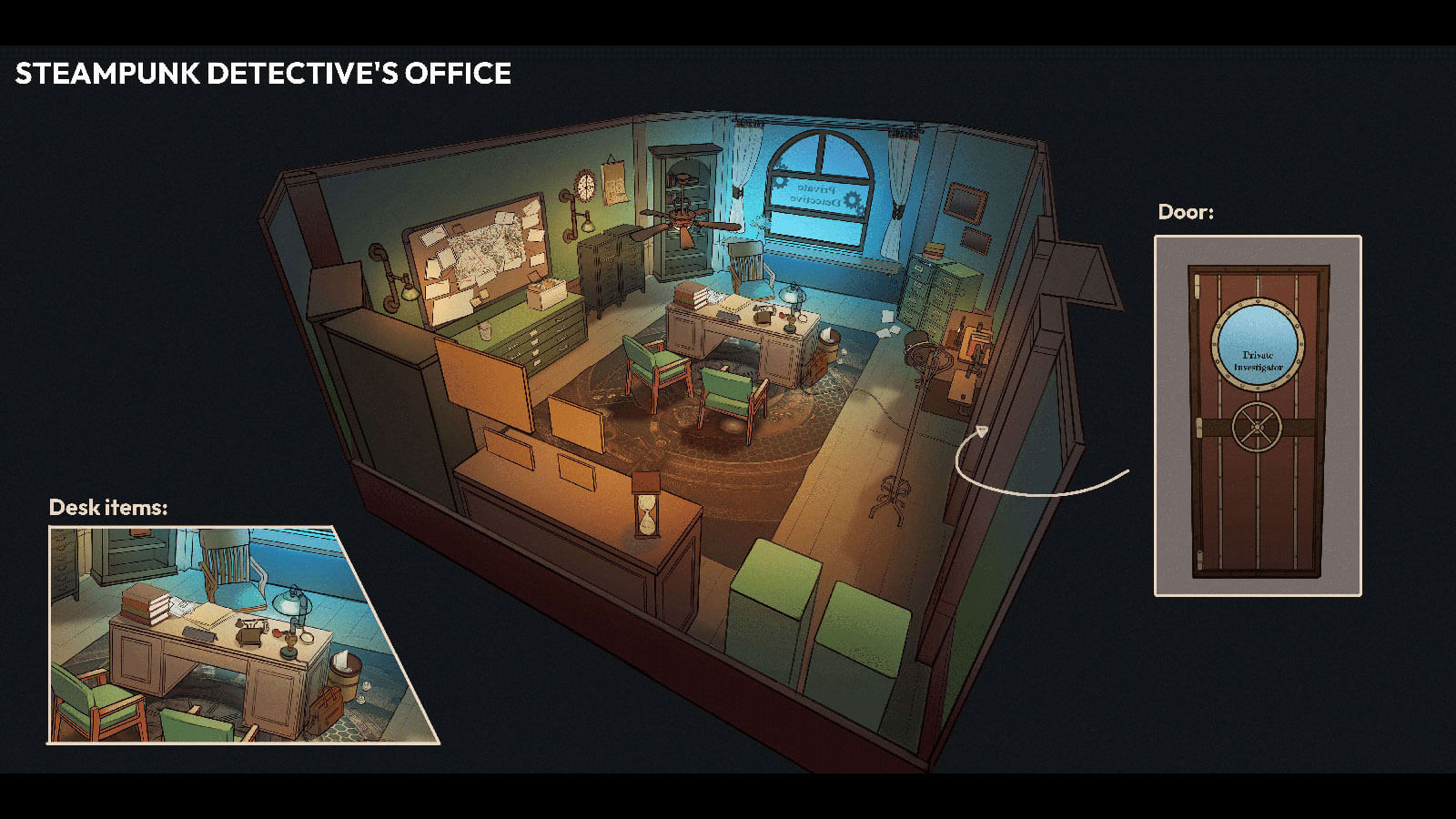 Concept drawing featuring a cut-away view of the detective's office