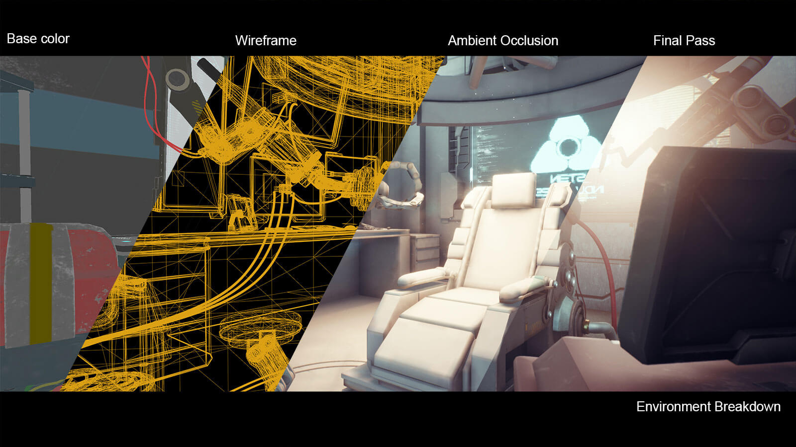 Screenshot displaying scene objects with base color, wireframes, ambient occulsion, and a final pass