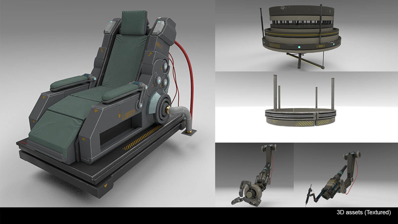 3D modeled items that were used in the scene, including a chair and various mechanical parts