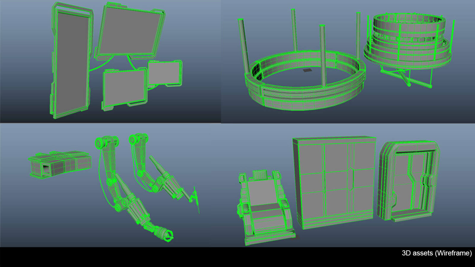 Screenshot depicting various 3D meshes without materials applied