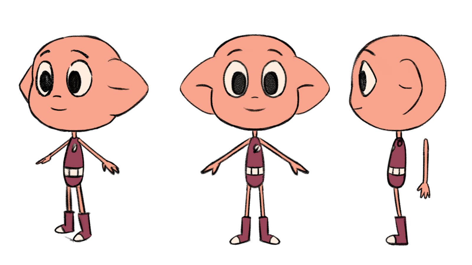 T-pose drawings of small alien from various angles
