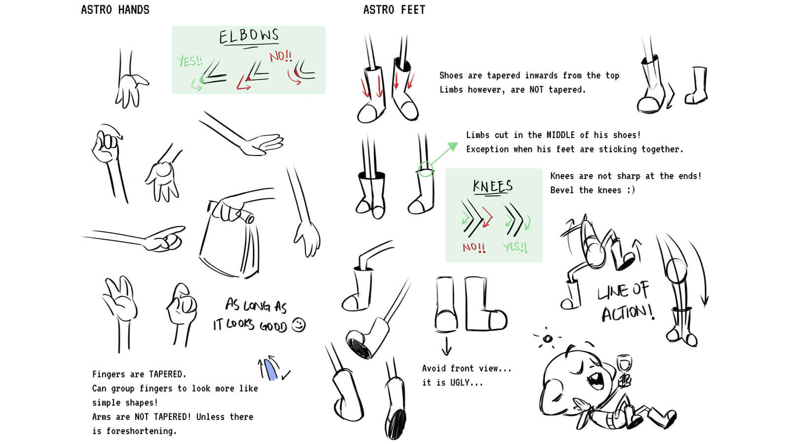 Various concept drawings of the alien's hands and feet with various notes 