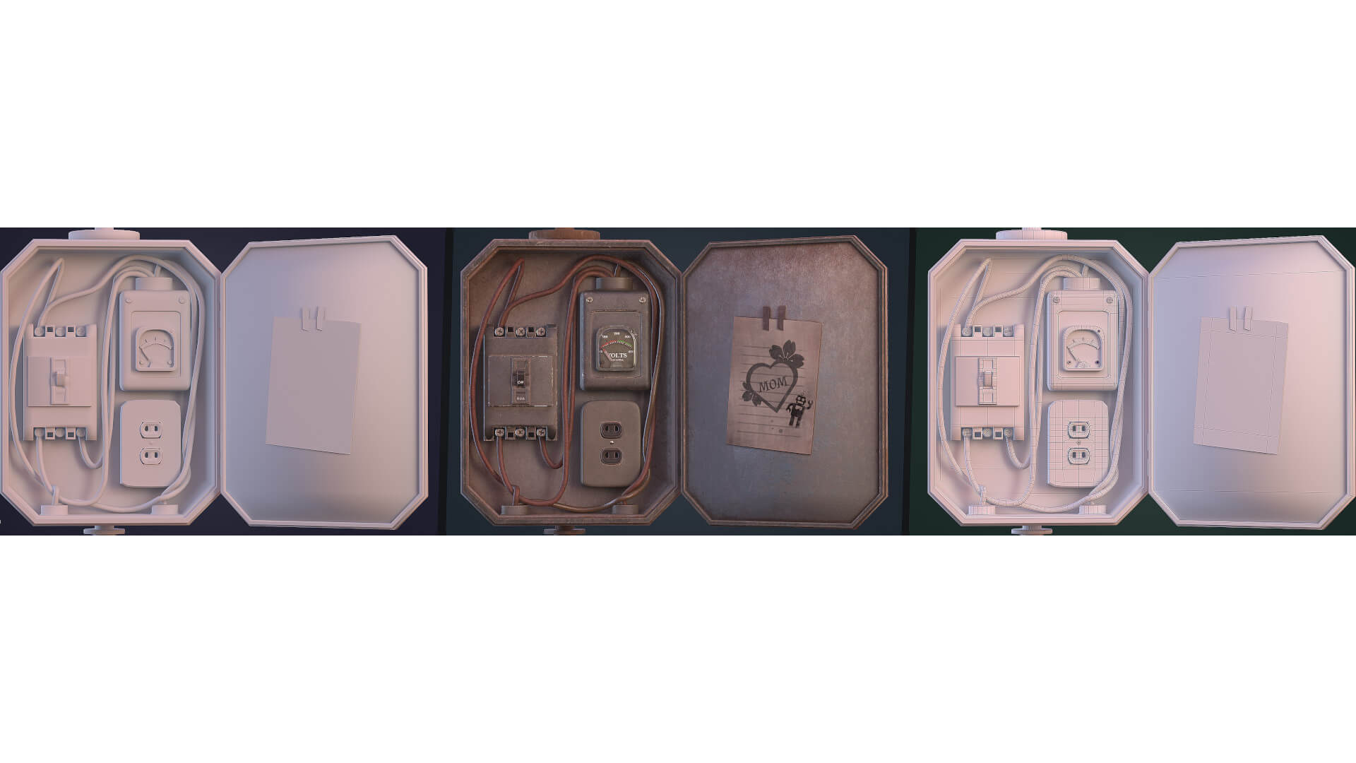 CG model of an electrical panel in three stages of development.