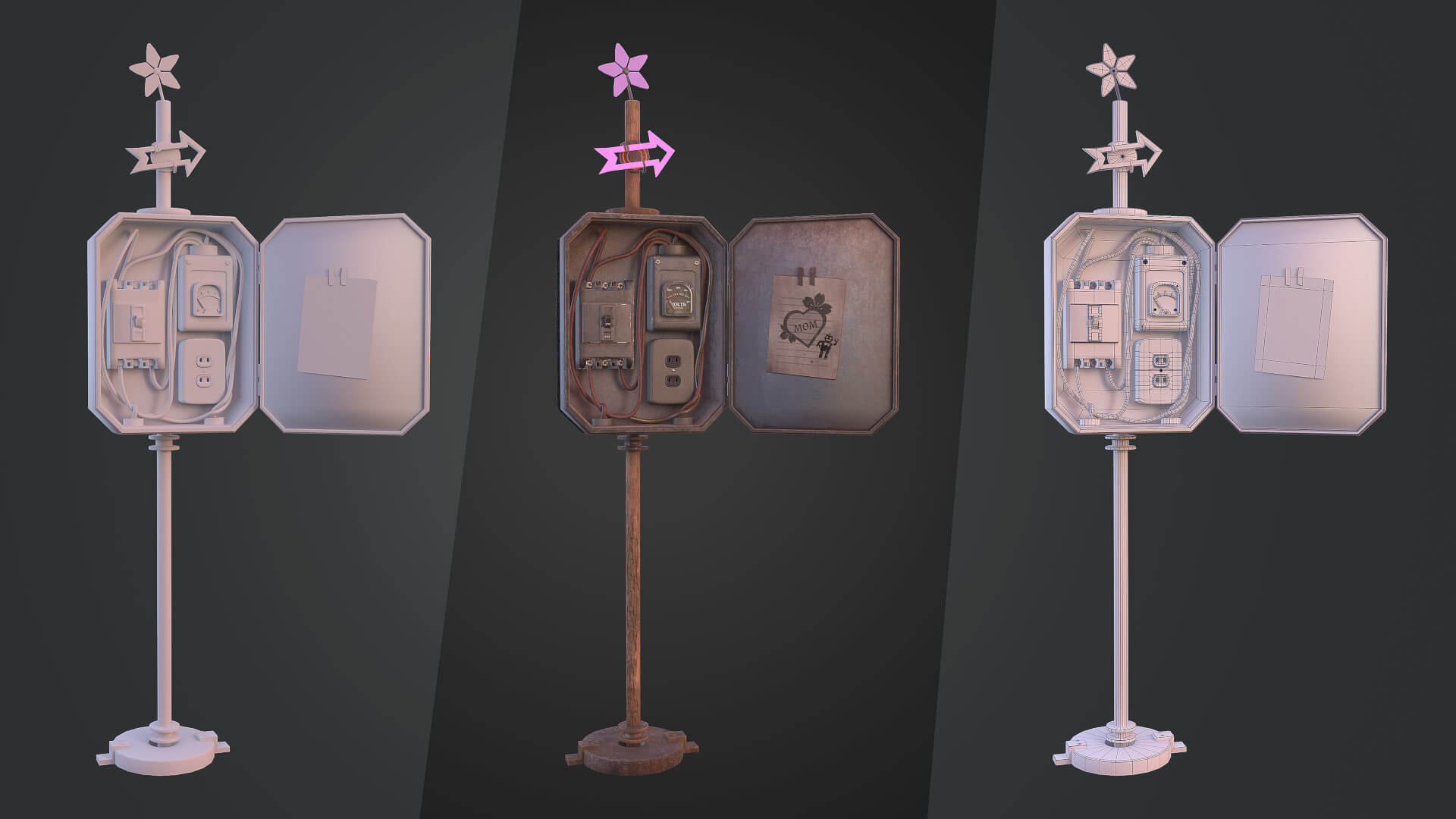 CG model of an electrical panel attached to a stand in three stages of development.