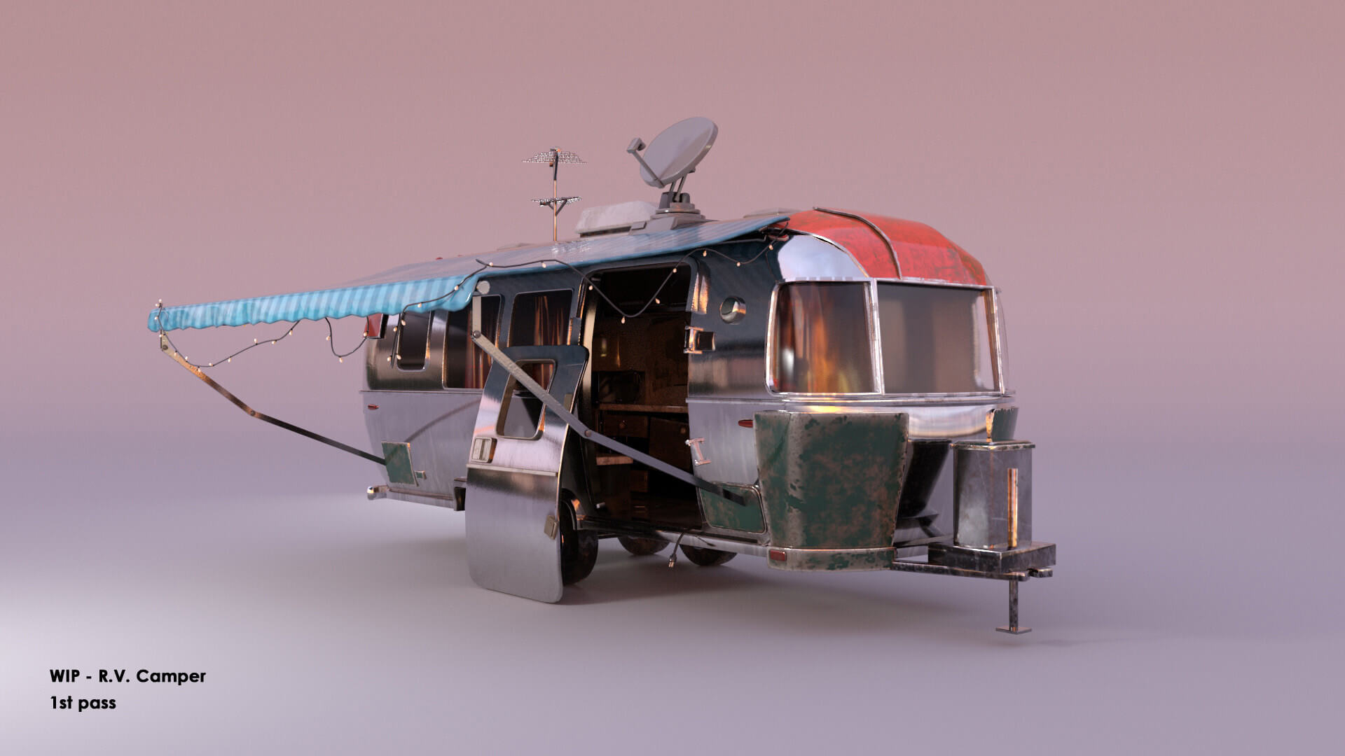 CG model of a travel trailer and extended canopy.