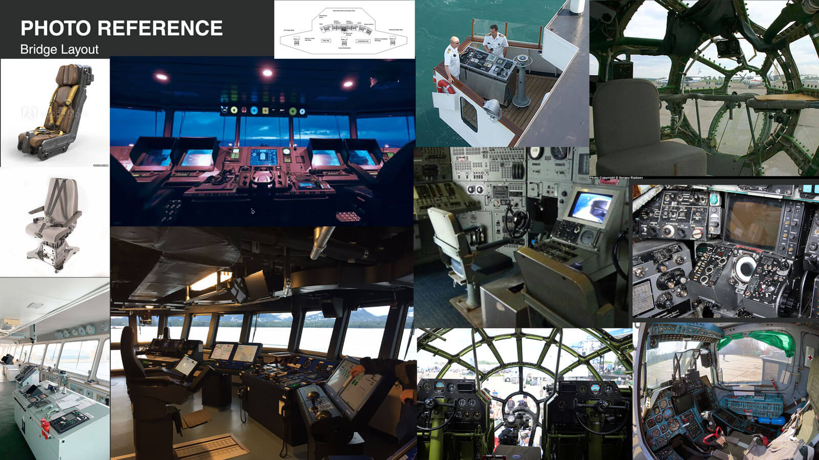 A collage of various photo references of cockpits from various warships and crafts