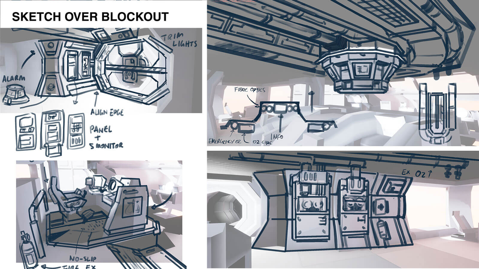 A sketch over blockout of what the inside of the cockpit should look like