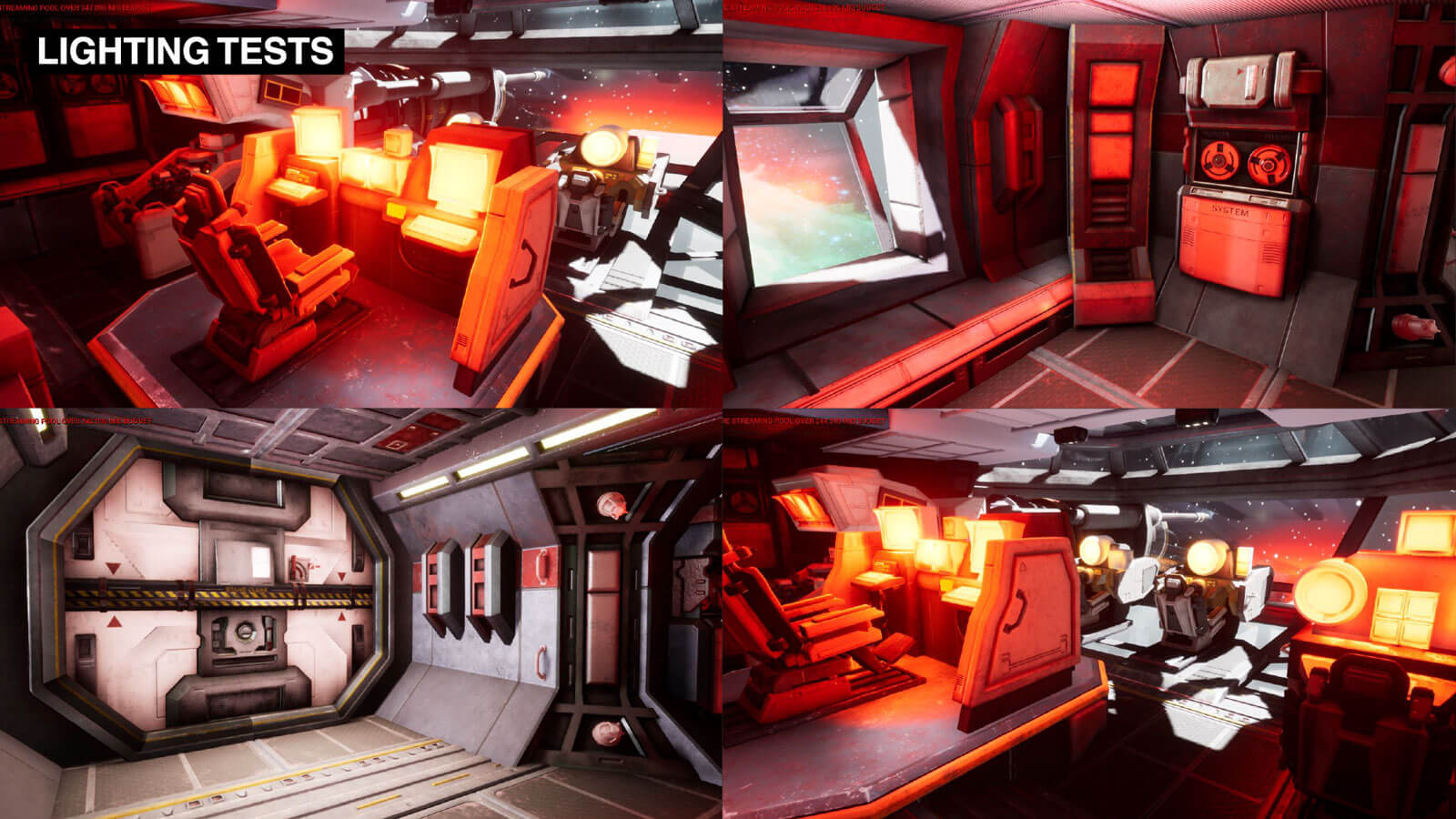 Four different camera angle views of the cockpit area demonstrating the game engine lighting