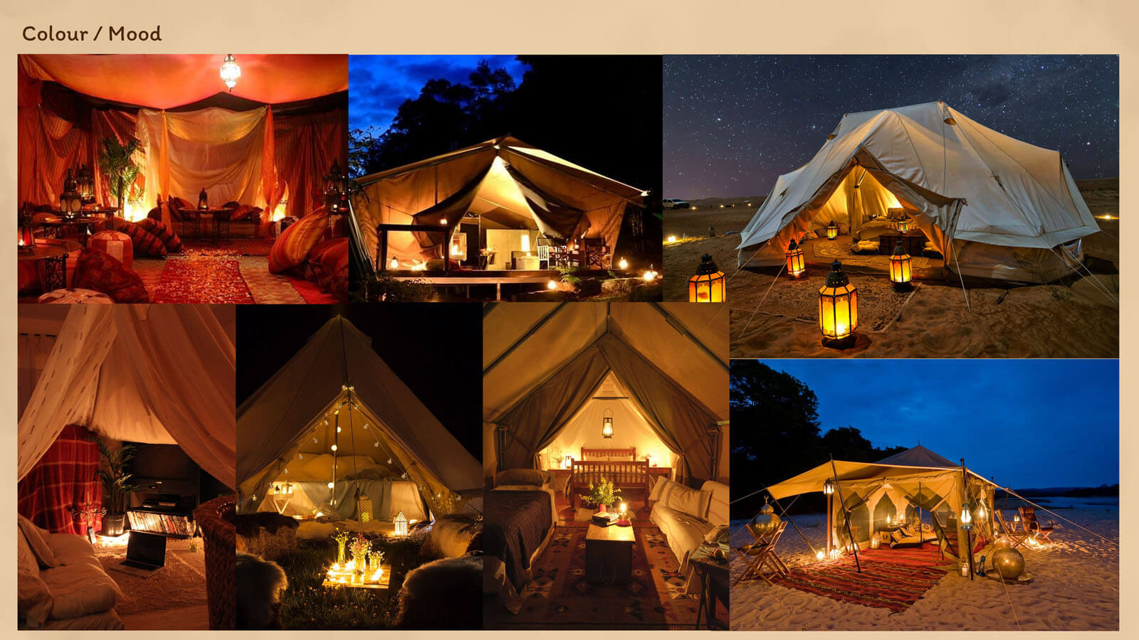 Collage of photographs of well-decorated tents and outdoor dwellings