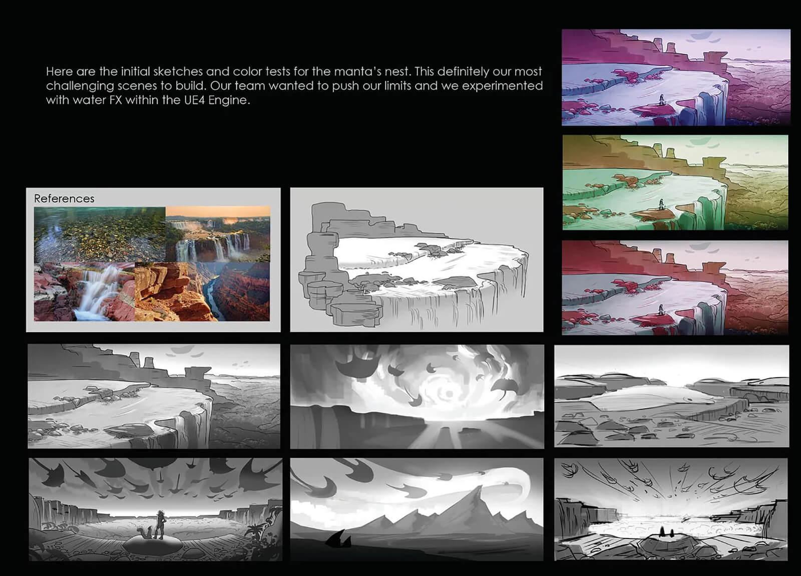 Initial sketches and color tests for the manta’s nest, located atop of a waterfall on an alien planet.
