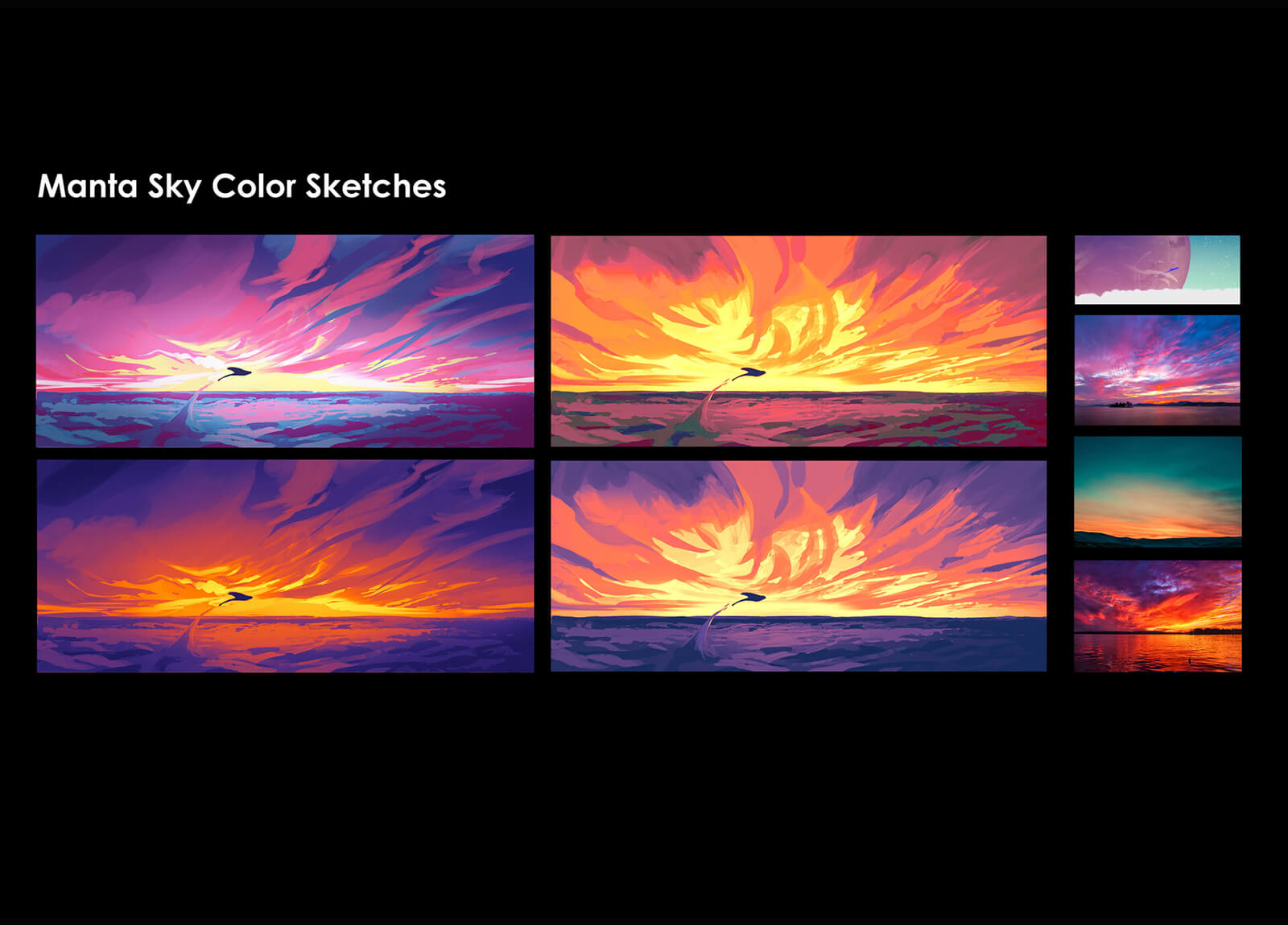 Color sketches of the manta creature flying across a cloudy sky at sunset.