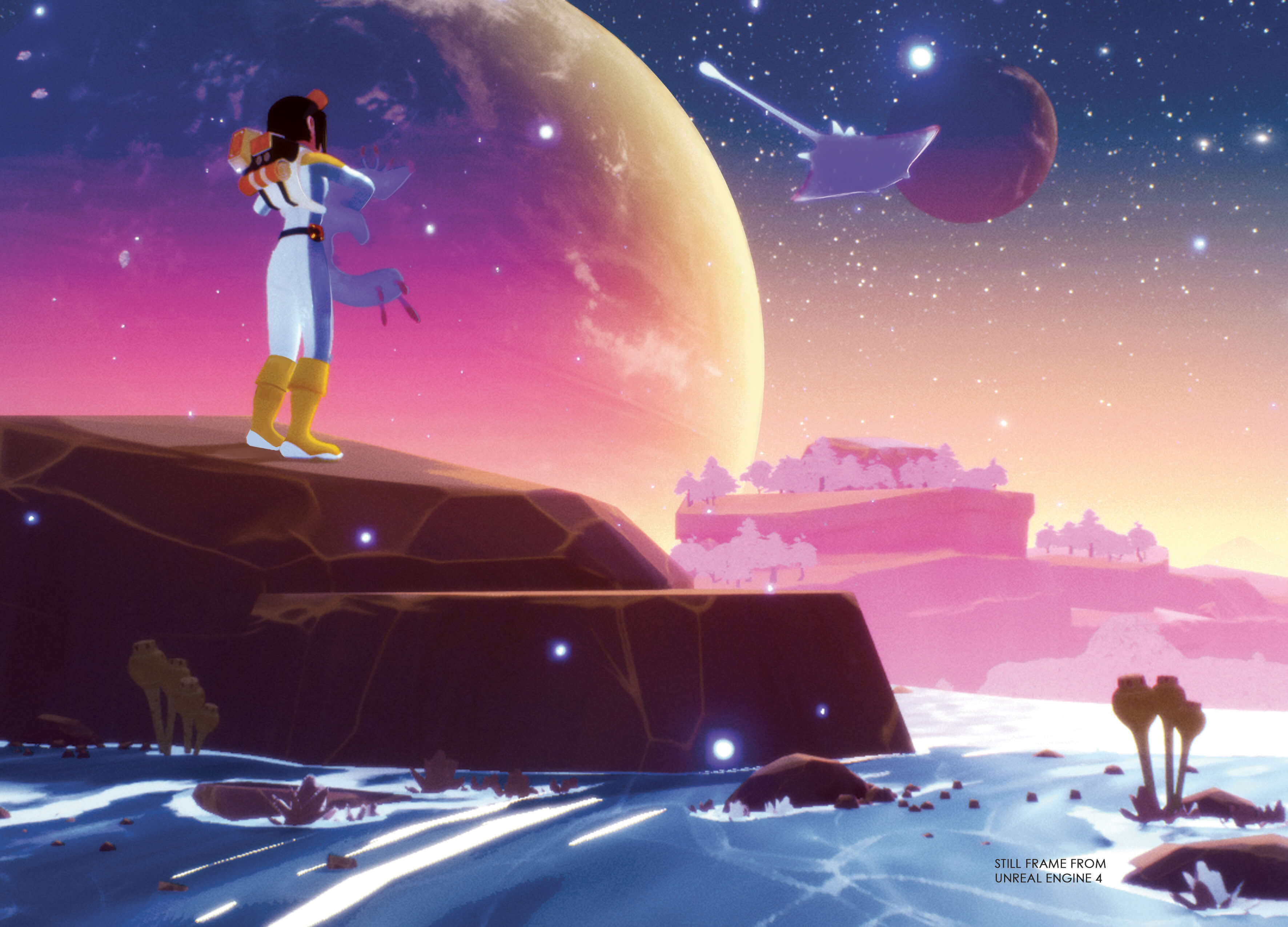 In-engine still frame showing an astronaut and alien creature standing on a rocky outcrop, looking out at the sky at night.