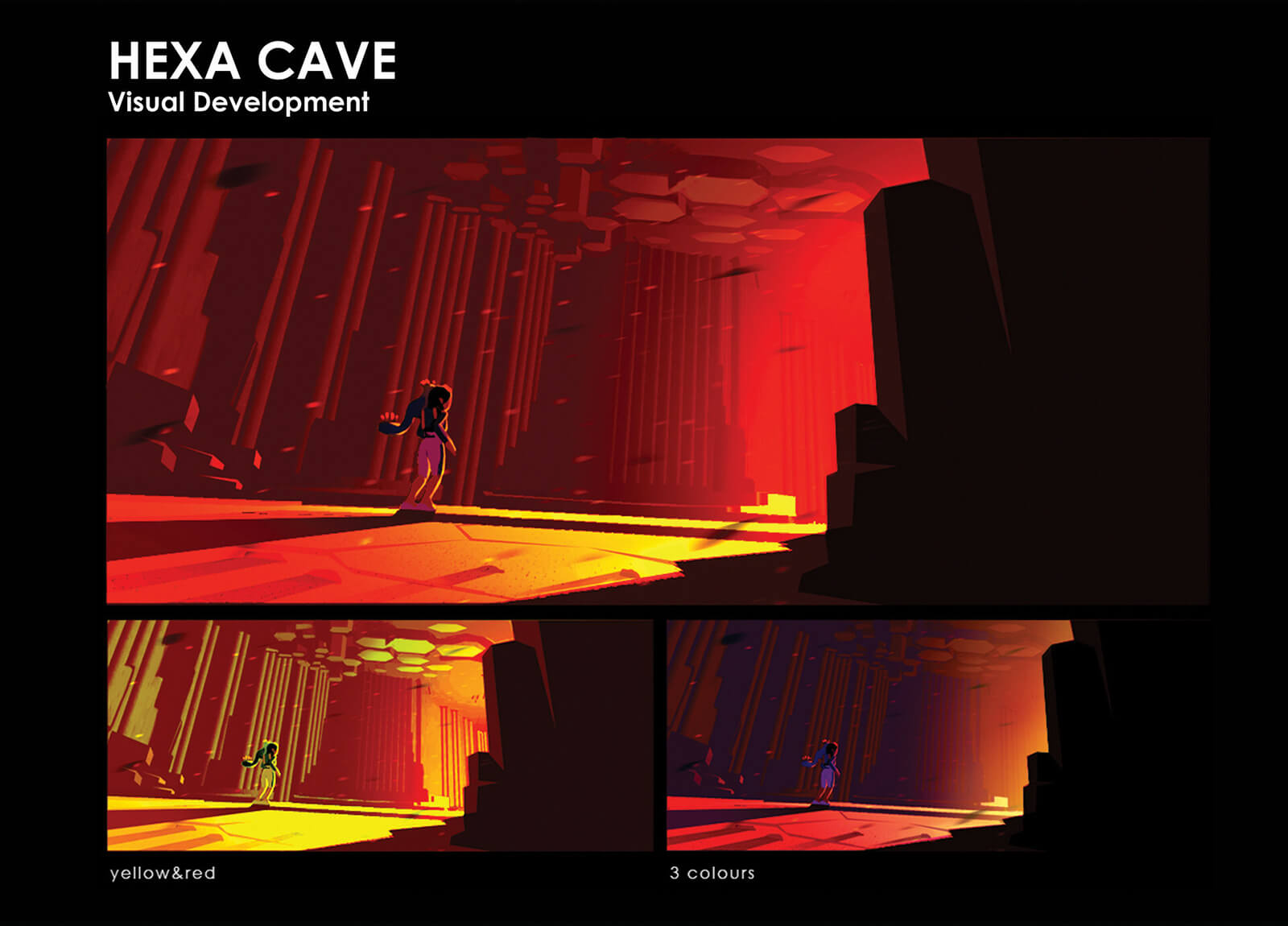 Visual development sketches of astronaut character inside a vast cave with hexagonal rocks and unknown light source.