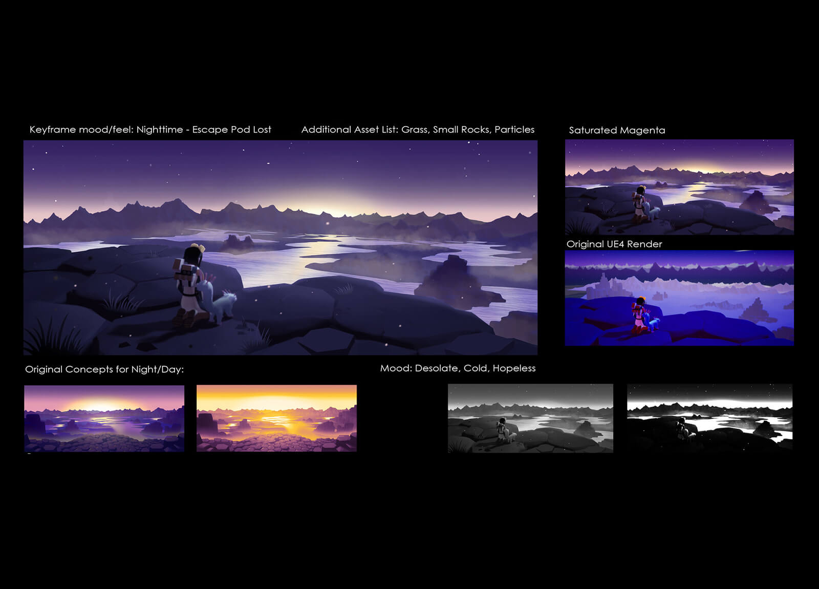 Various concepts, mood sketches, and UE4 render showing the astronaut and alien creature looking out at an alien landscape.