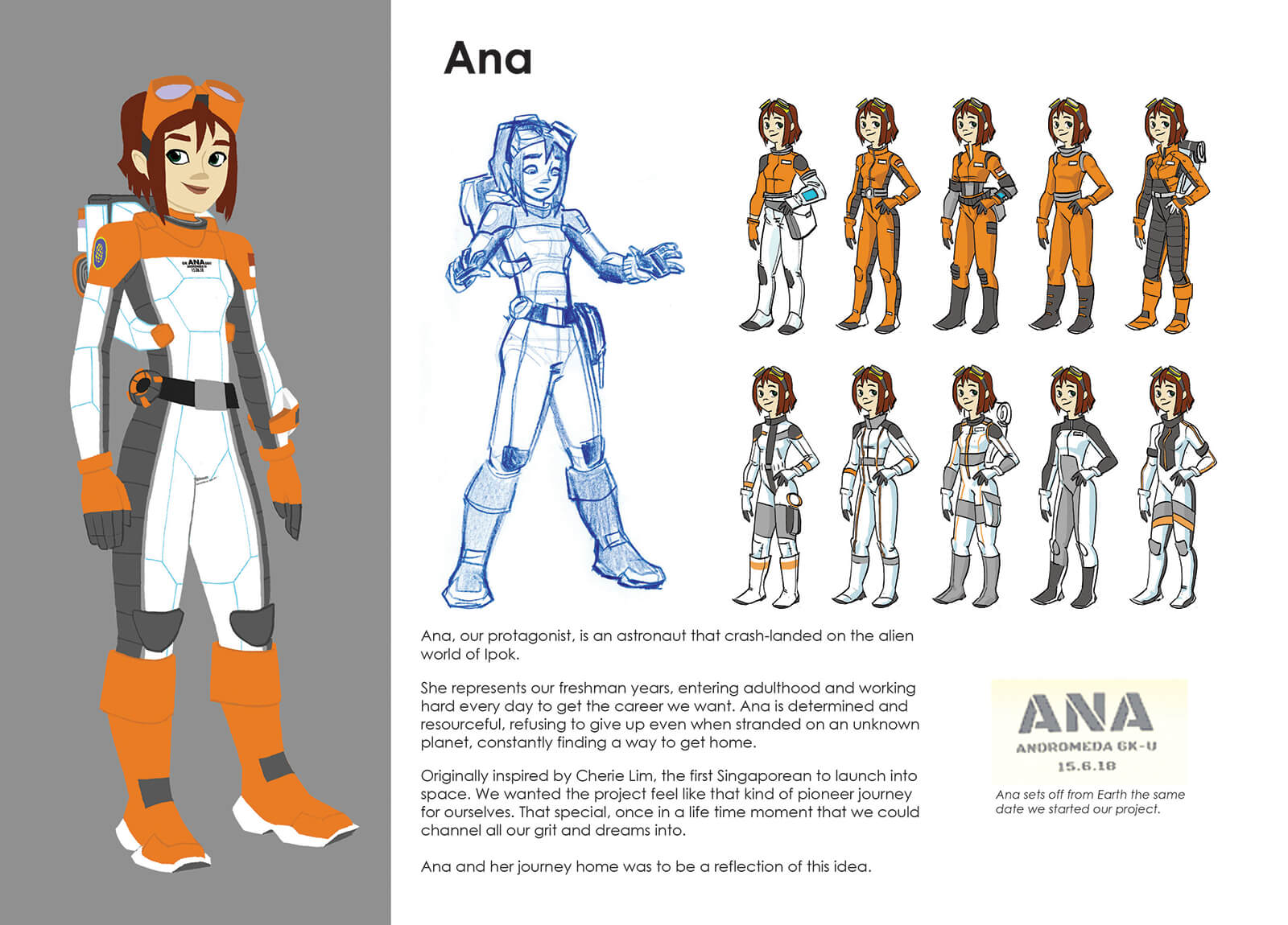 Sketch and description of the character Ana, an astronaut protagonist from The Way Home, in her flight suit.