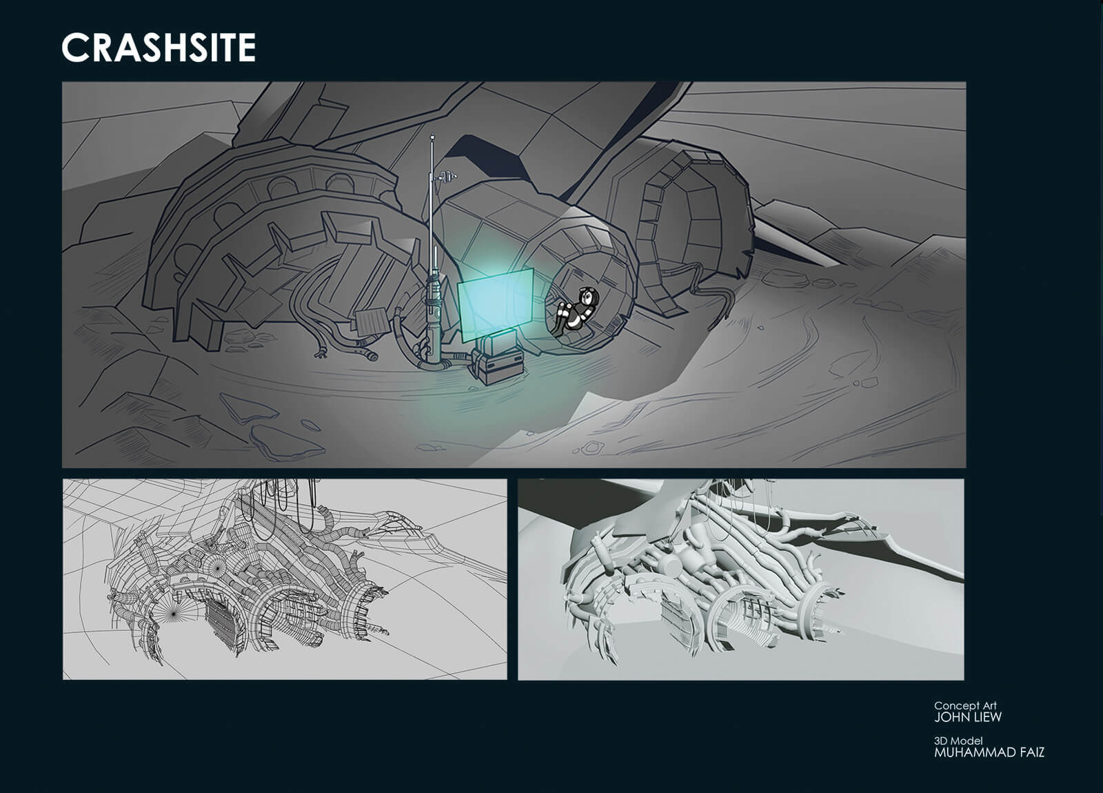 Concept drawing by John Liew and 3D model by Muhammad Faiz showing the spaceship crash site from The Way Home film.