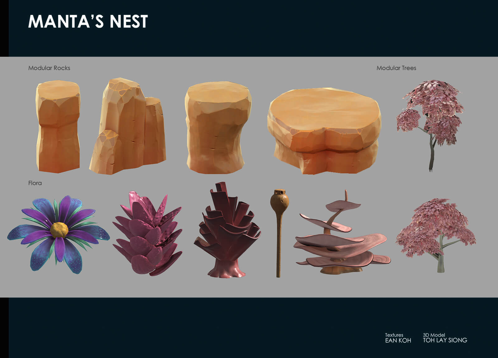 Designs for modular rocks, modular trees, and flora; 3D models by Toh Lay Siong and textures by Ean Koh.
