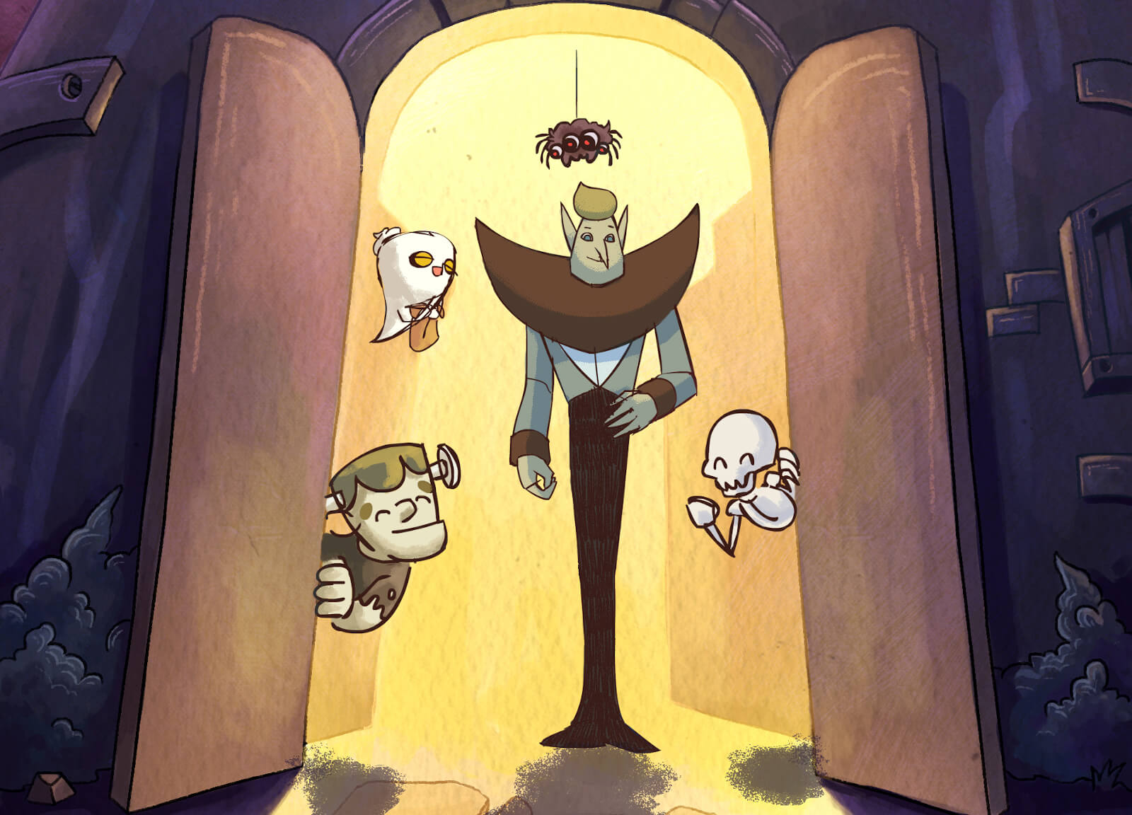 Vampire and some monsters in a doorway