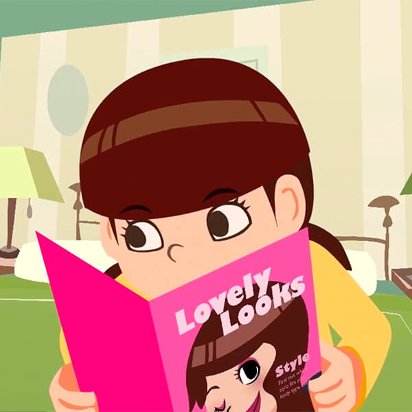 A young, brown-haired girl looks up from behind a fashion magazine titled "Lovely Looks" while sitting on a green bed.