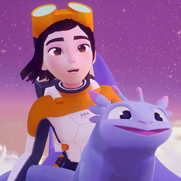 Young woman in futuristic flight suit rides above the clouds on a flying creature.