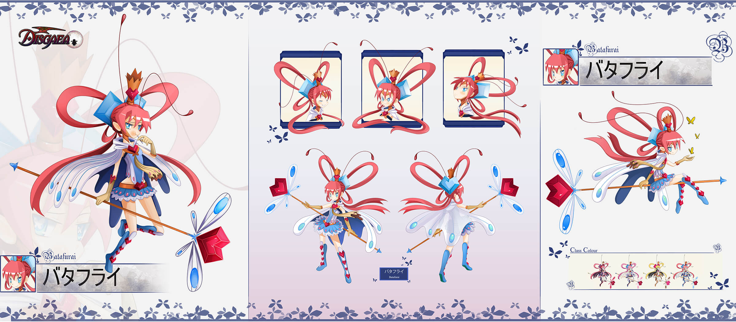 Triptych of a red-haired anime-style girl in blue-and-white fairy costume in different poses holding a heart-topped staff.