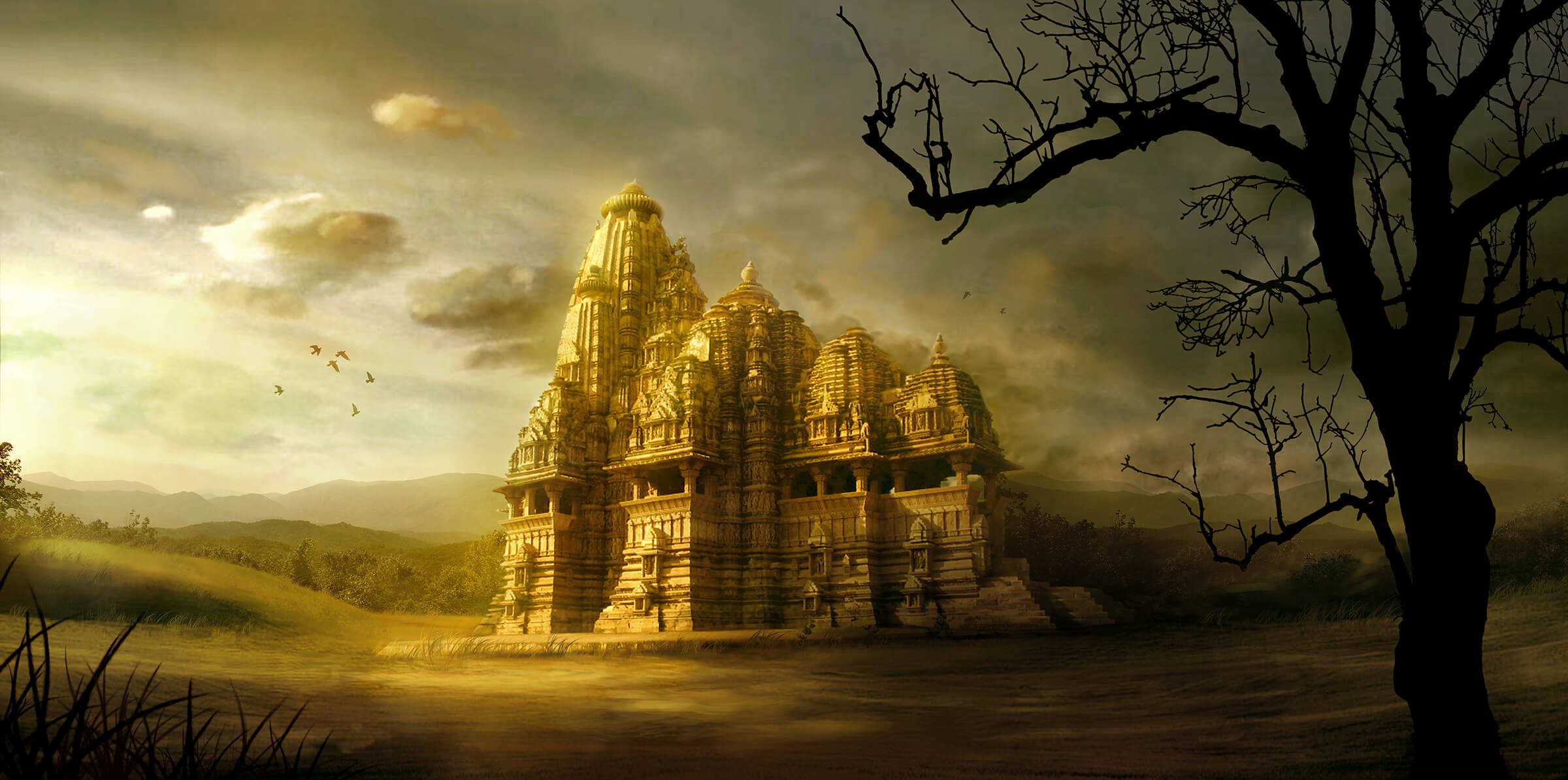An ornate, abandoned stone temple standing in a grassy clearing, glowing gold in the sunlight.