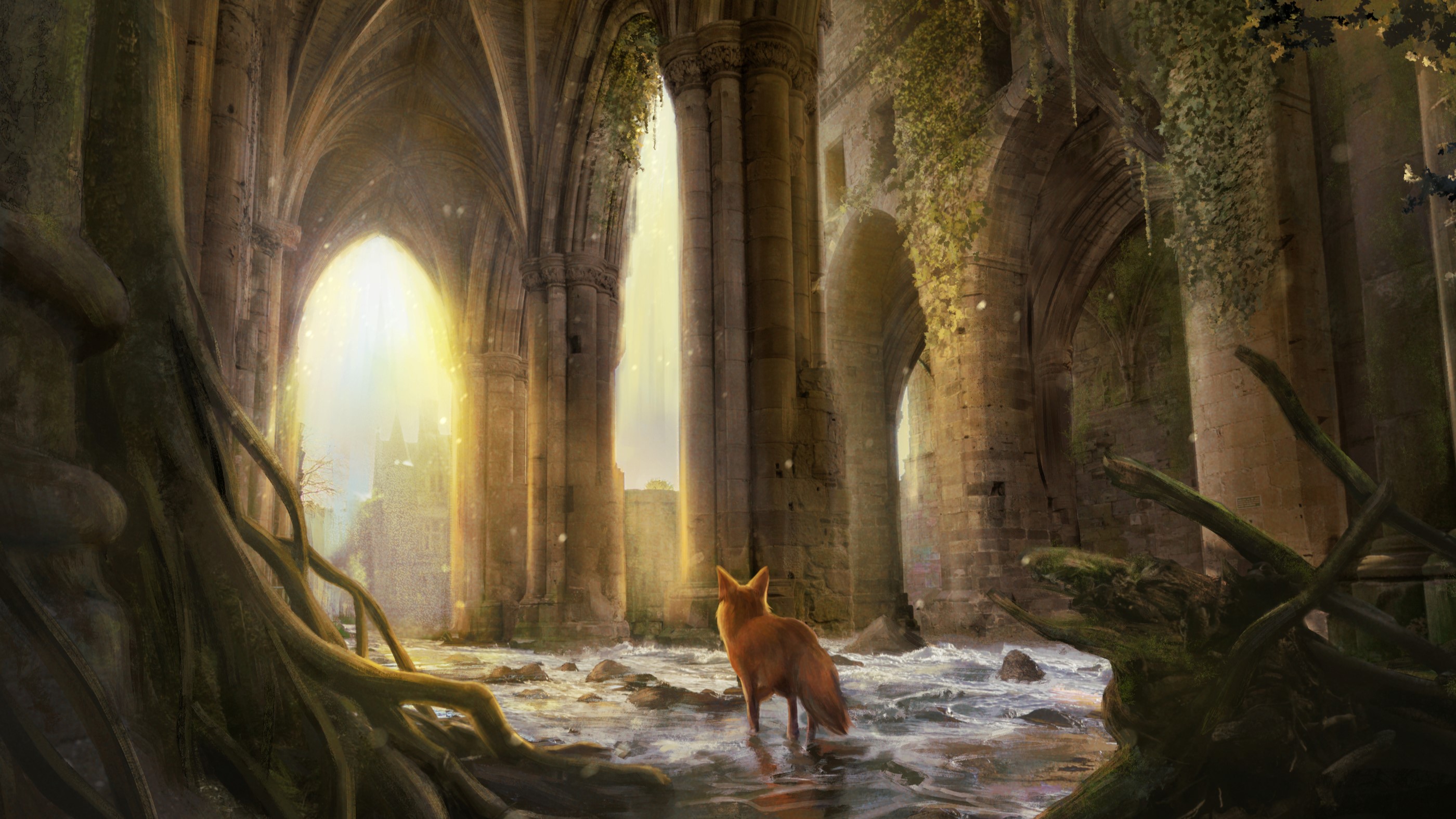 Digital artwork of a fox standing on a river inside an old ruin