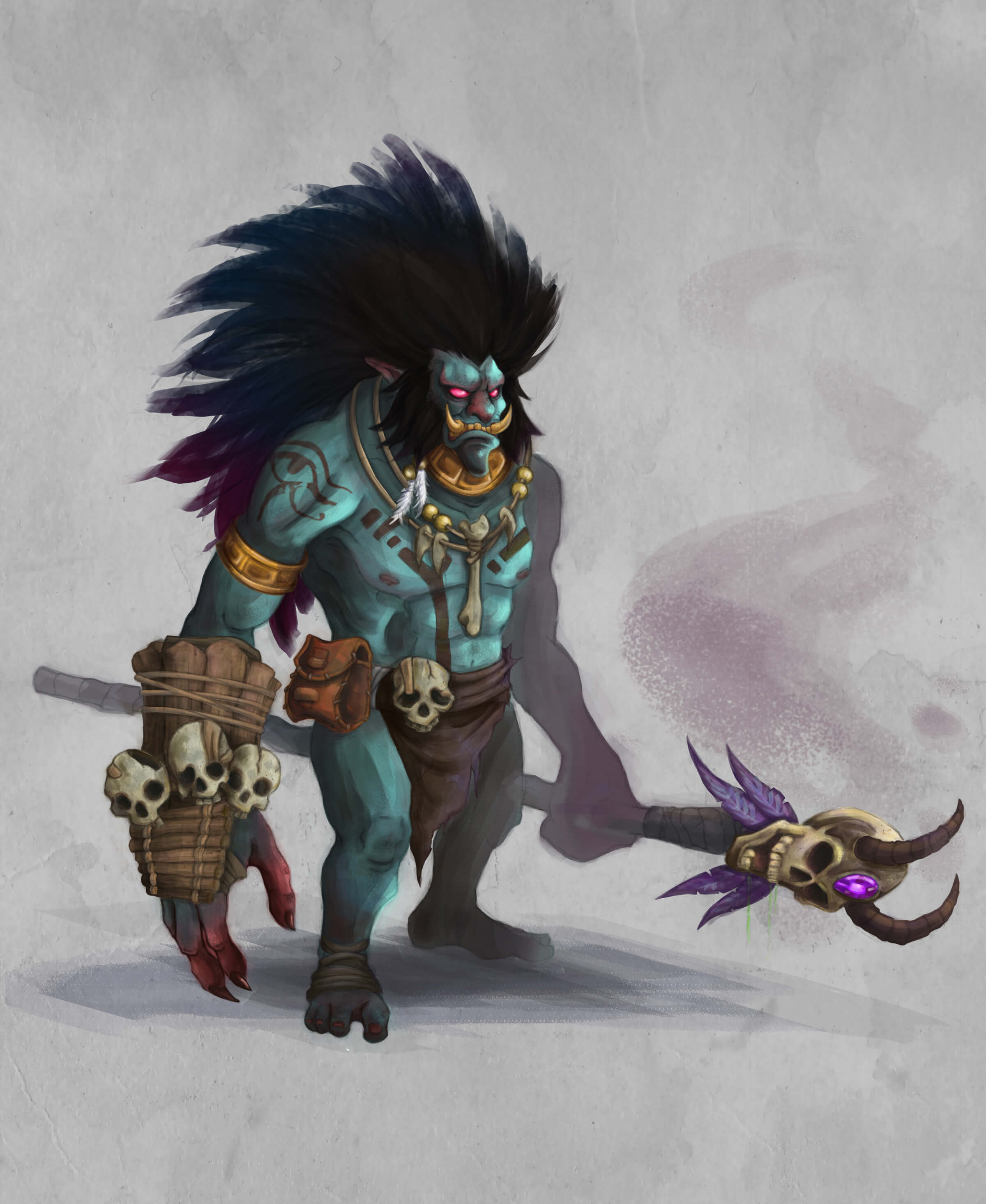 Concept art of a teal-colored monster with the features of a boar and lion, standing in shamanic dress adorned with skulls.