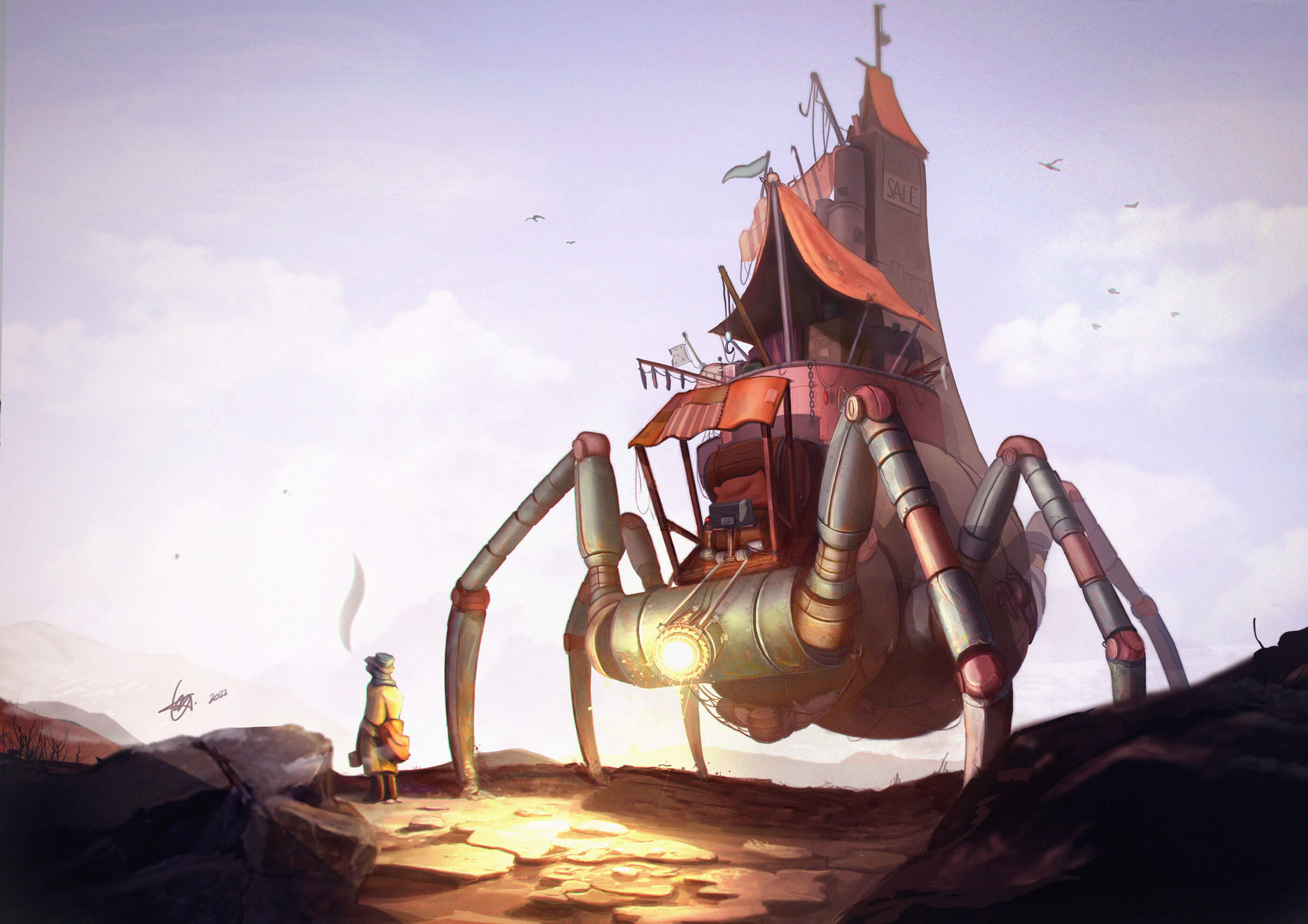 A person looks out into the distance as a mechanical spider-like vehicle stands in the background