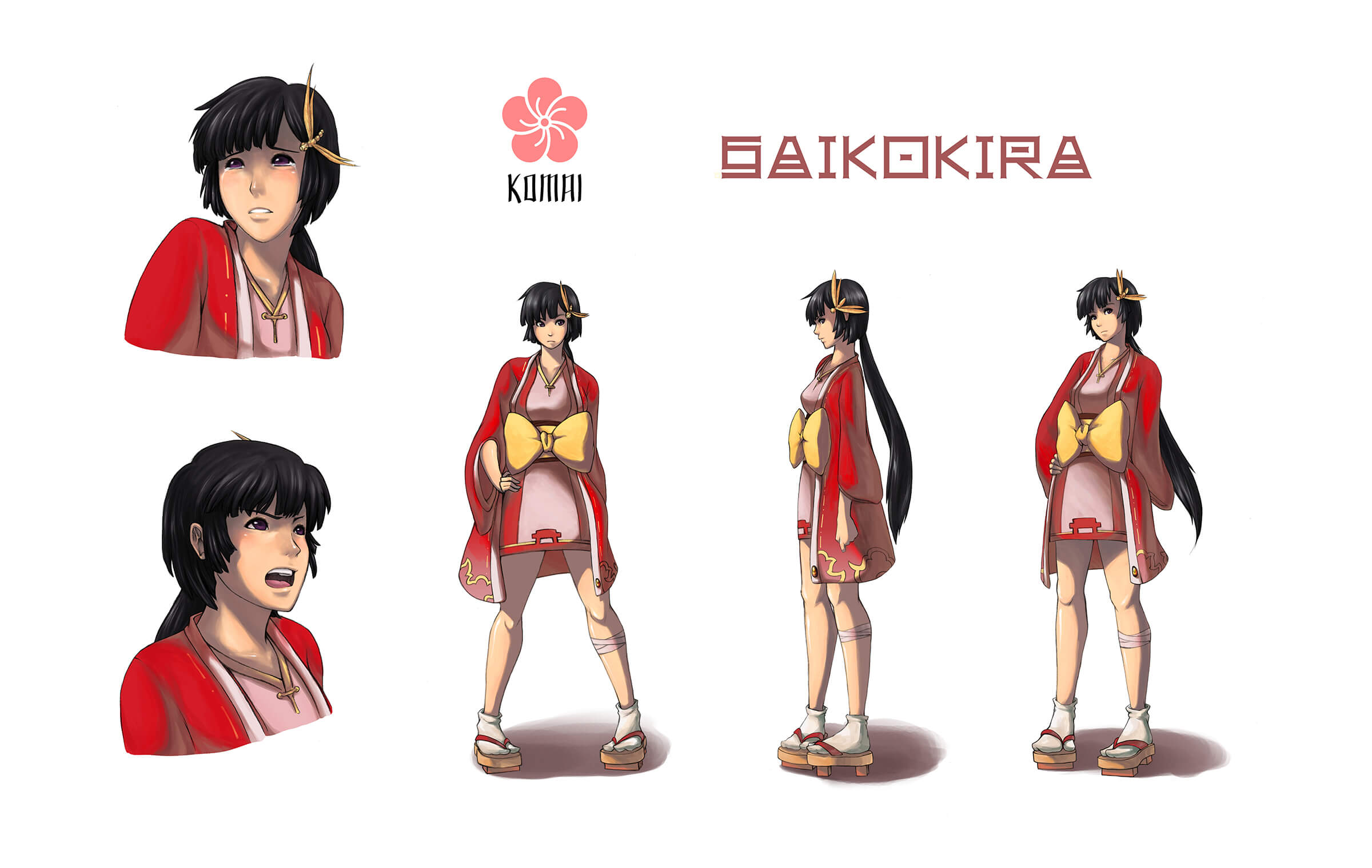 Concept art turnaround of a woman named Komai in various poses wearing short, red Japanese garb and geta footwear.