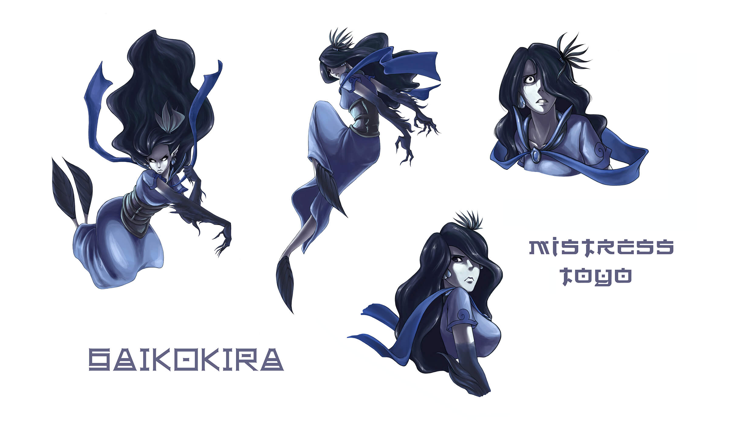 Concept art of a black-haired humanoid with frilled feet in various poses wearing deep blue garb named Mistress Toyo.