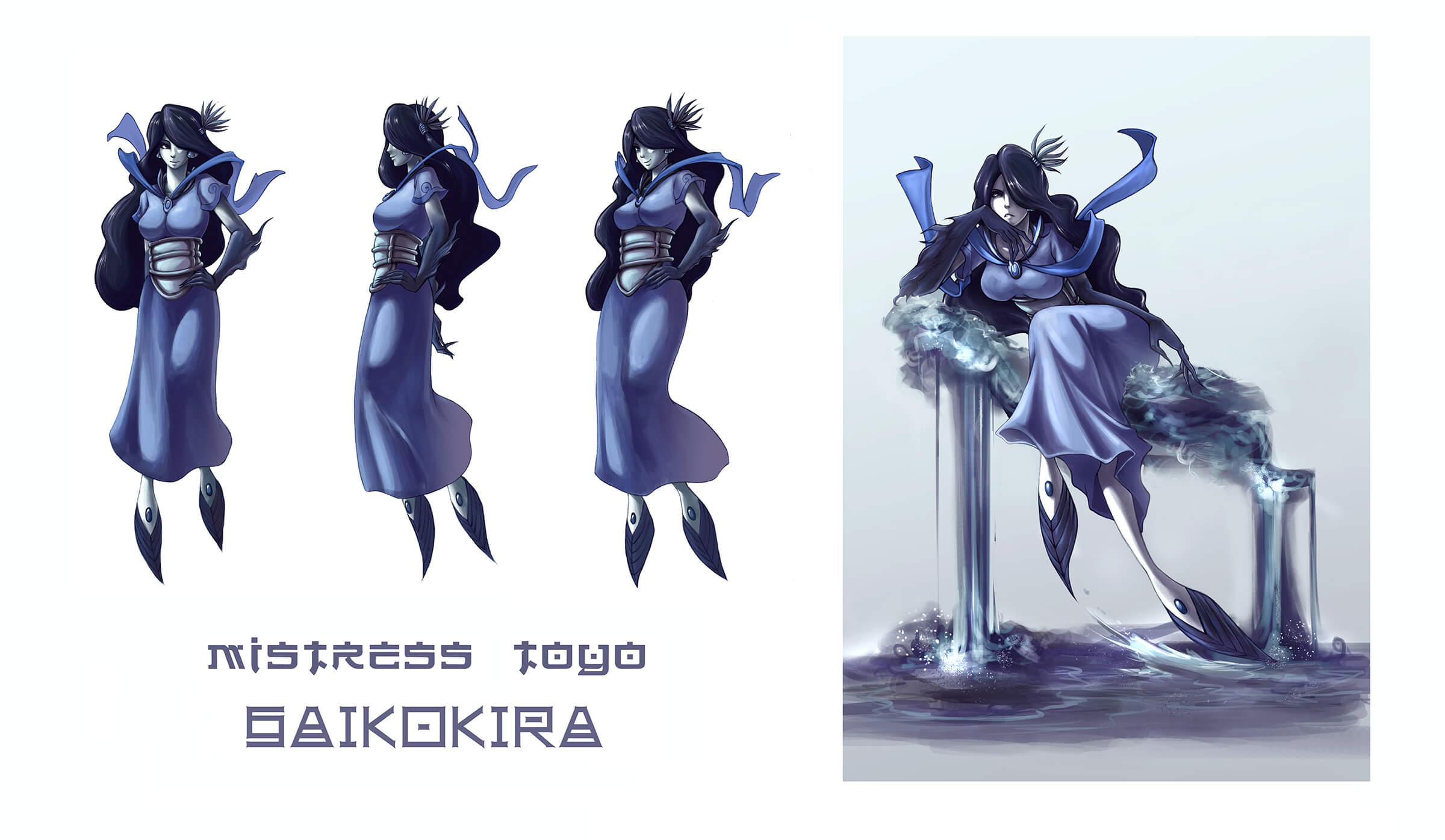 Concept art of a pale, black-haired humanoid with frilled feet in various poses, including sitting on a throne of water.
