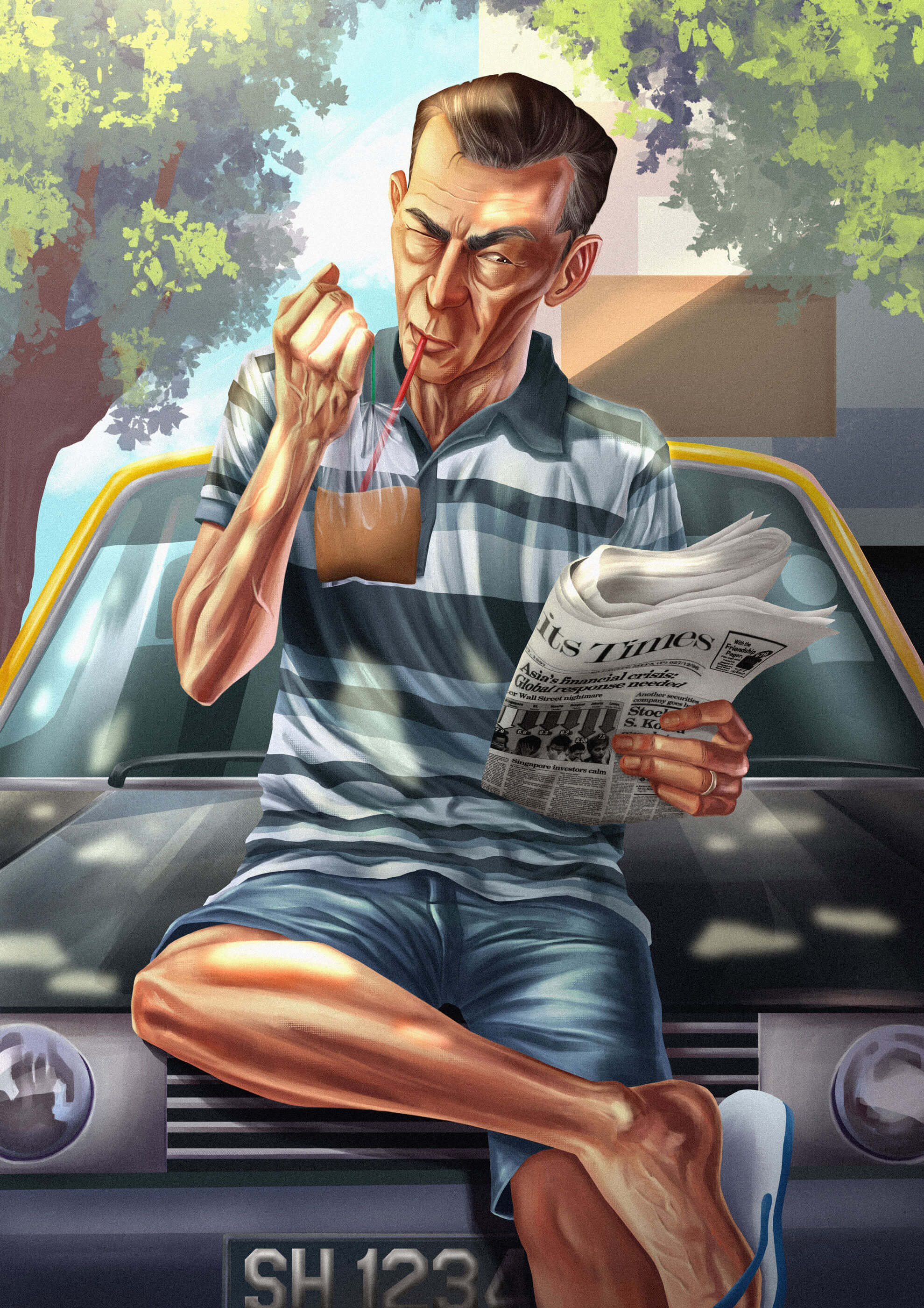 A man sips on a brown drink through a straw while leaning on a car