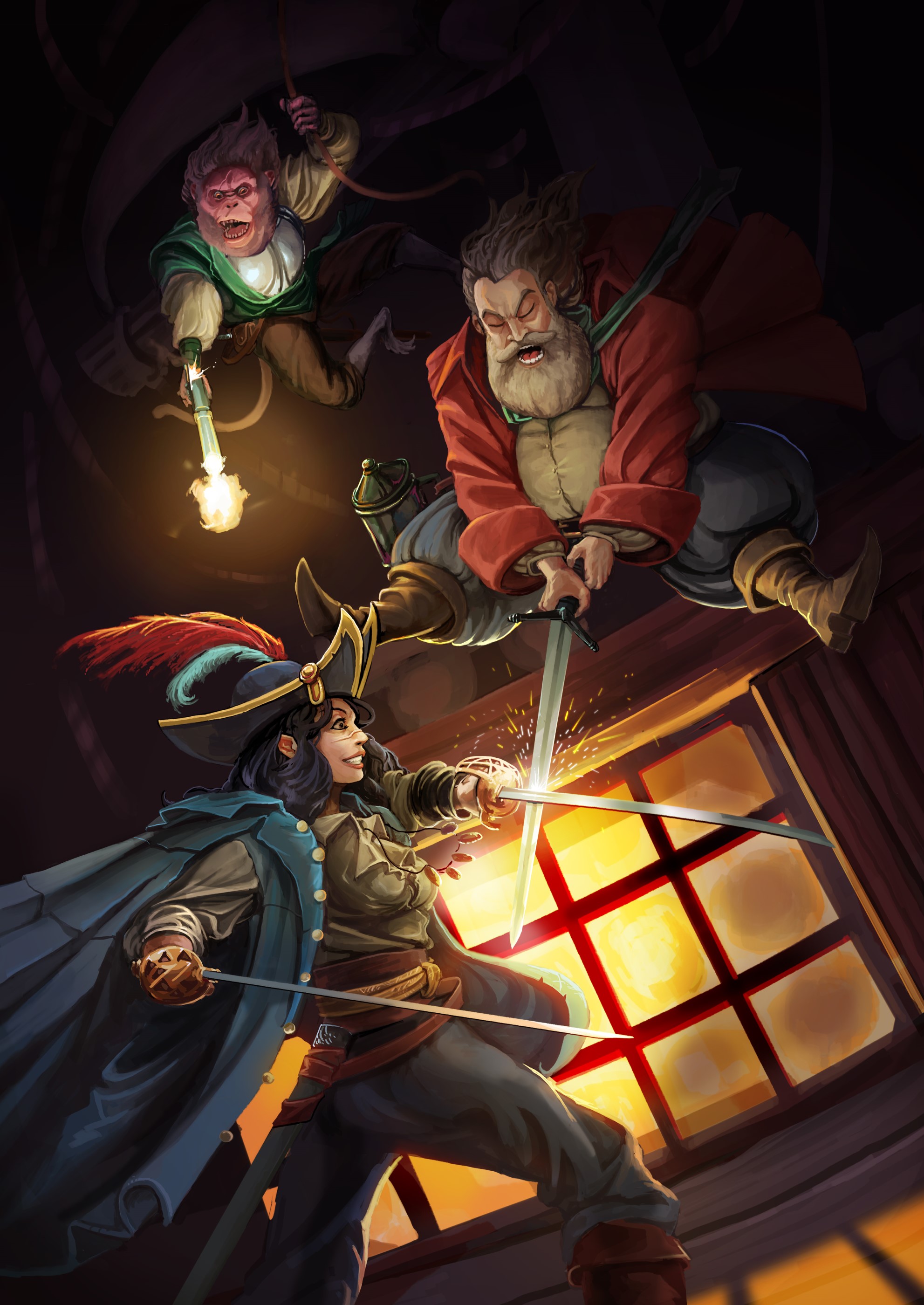 Digital painting of three fantasy characters engaged in a magical sword fight