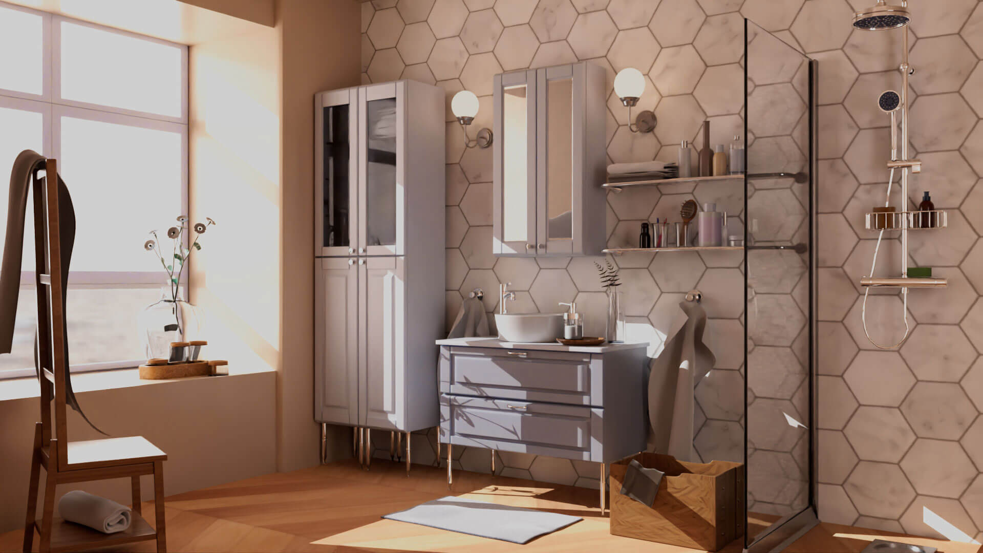 A look at a bathroom with a large window on the left and a shower on the right