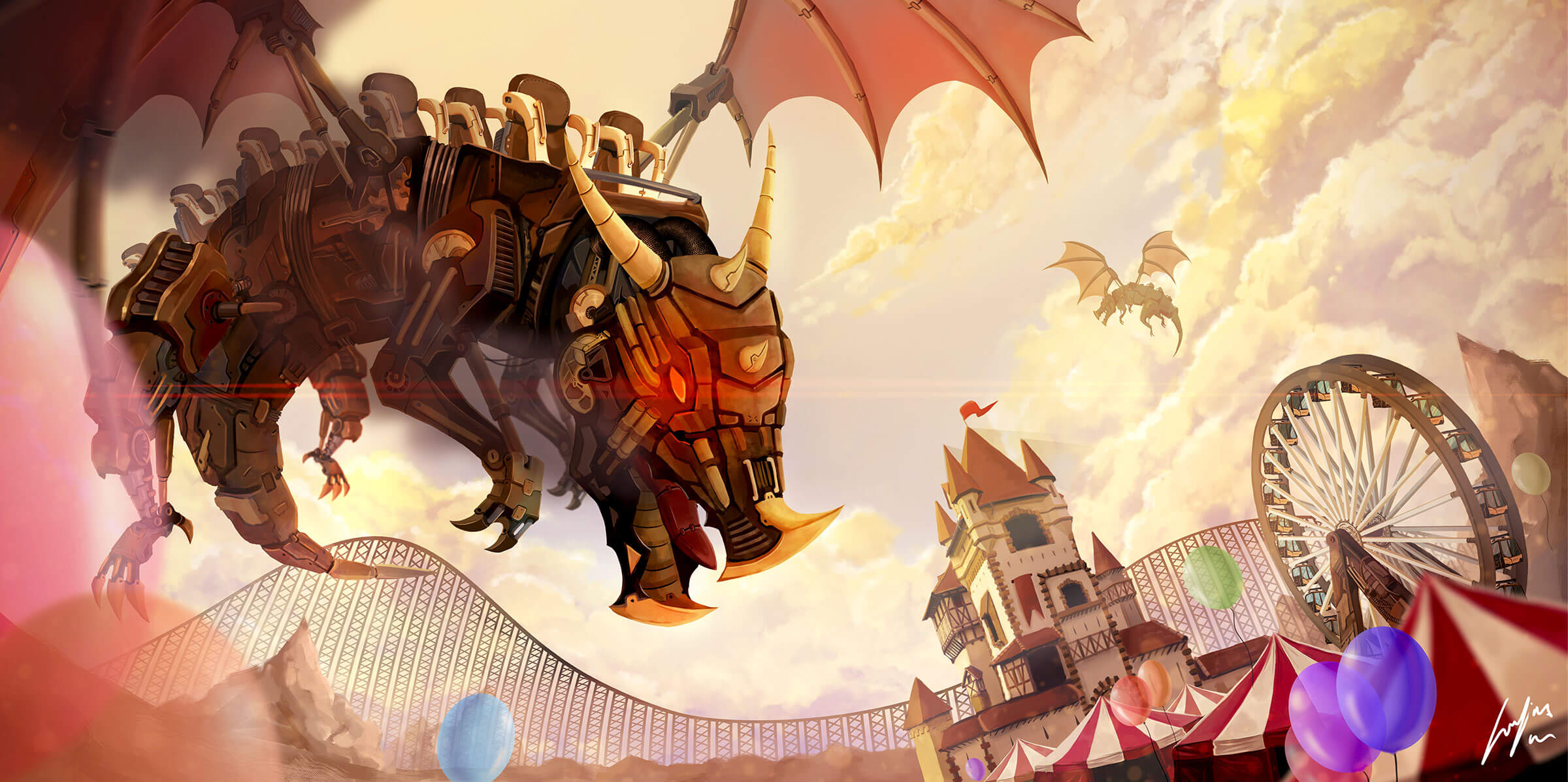 A mechanical dragon flies over an amusement park.
