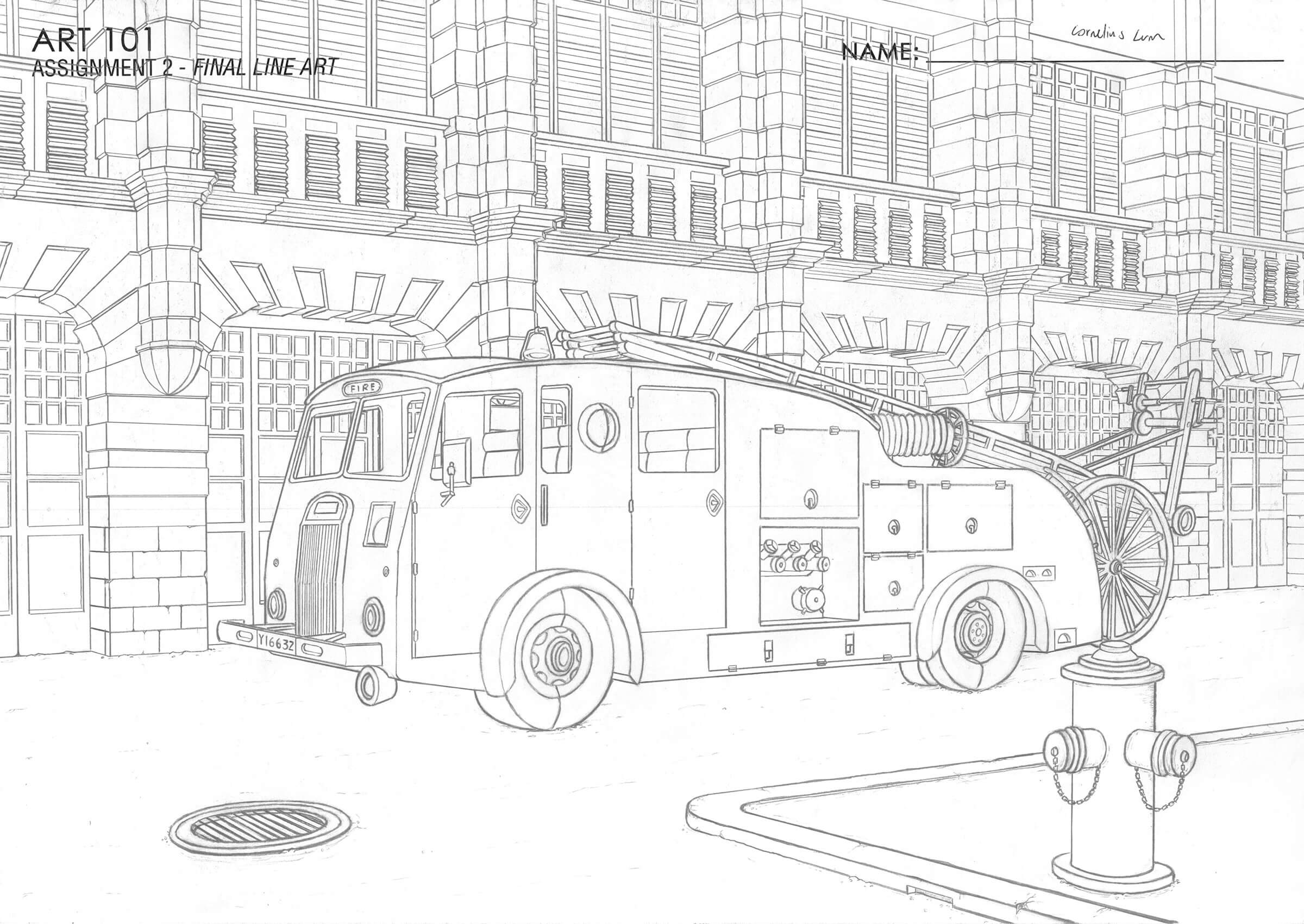 Black-and-white sketch of a fire engine next to a building.