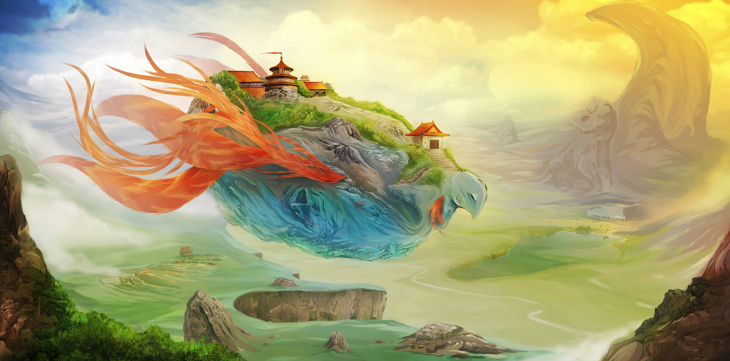 A village stands on the back of a mythical, red-frilled, blue beast drifting above a surreal, cloudy plain.