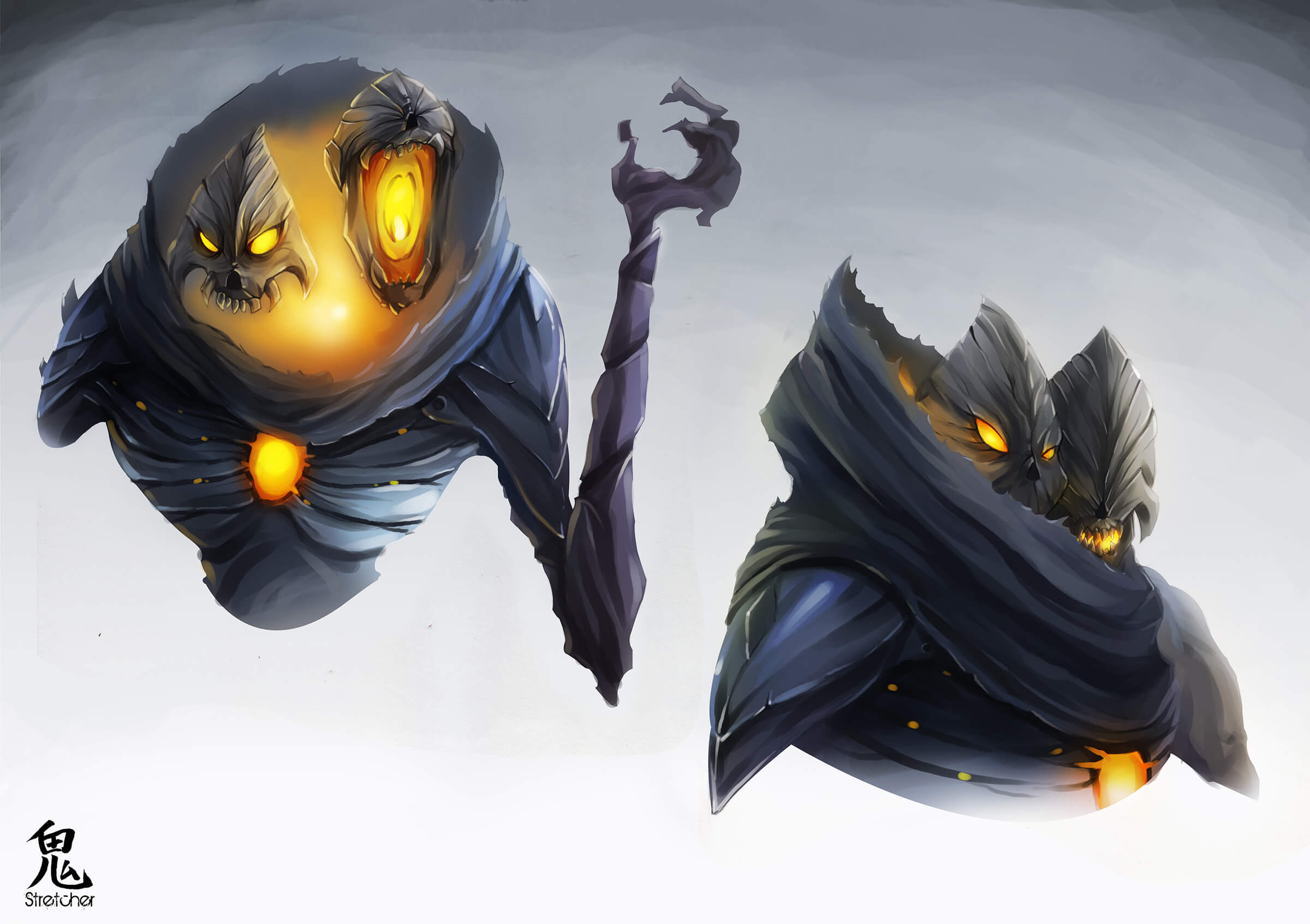 Concept art of a gray, demonic character with two heads, glowing orange from its eyes, neck, and chest.