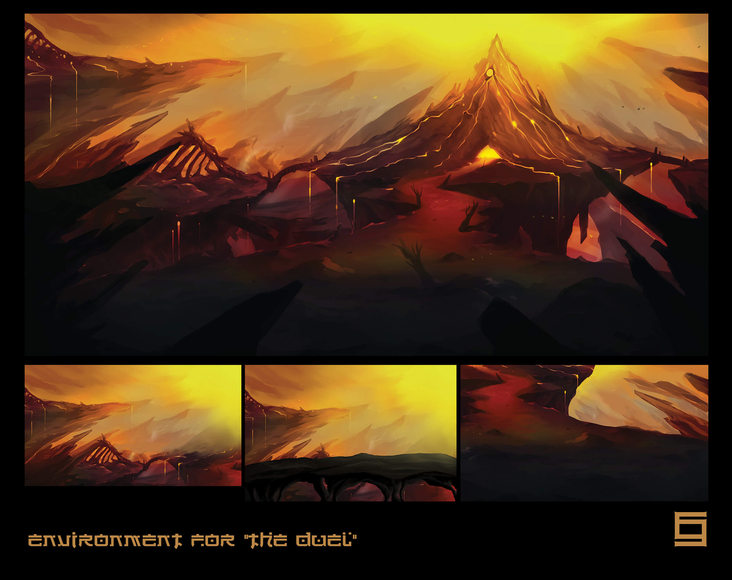 Concept art of landscape in a mountainous area devastated by an active, spewing volcano, the scene's only source of light.