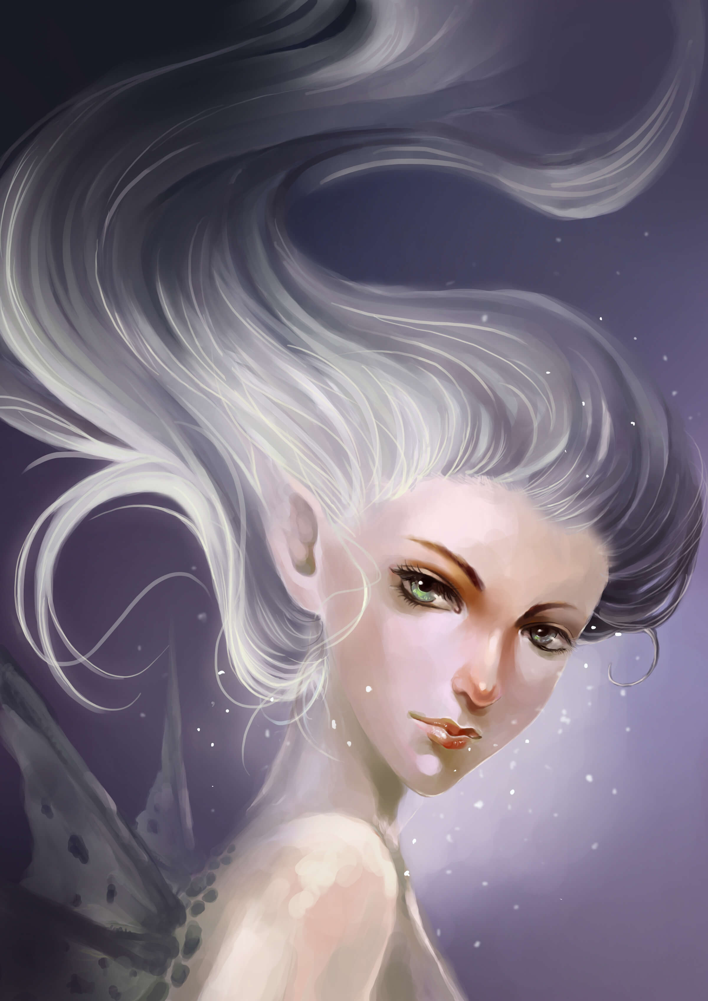 A portrait of a fairy-like character looking over her shoulder at the viewer, her white hair caught in an updraft.