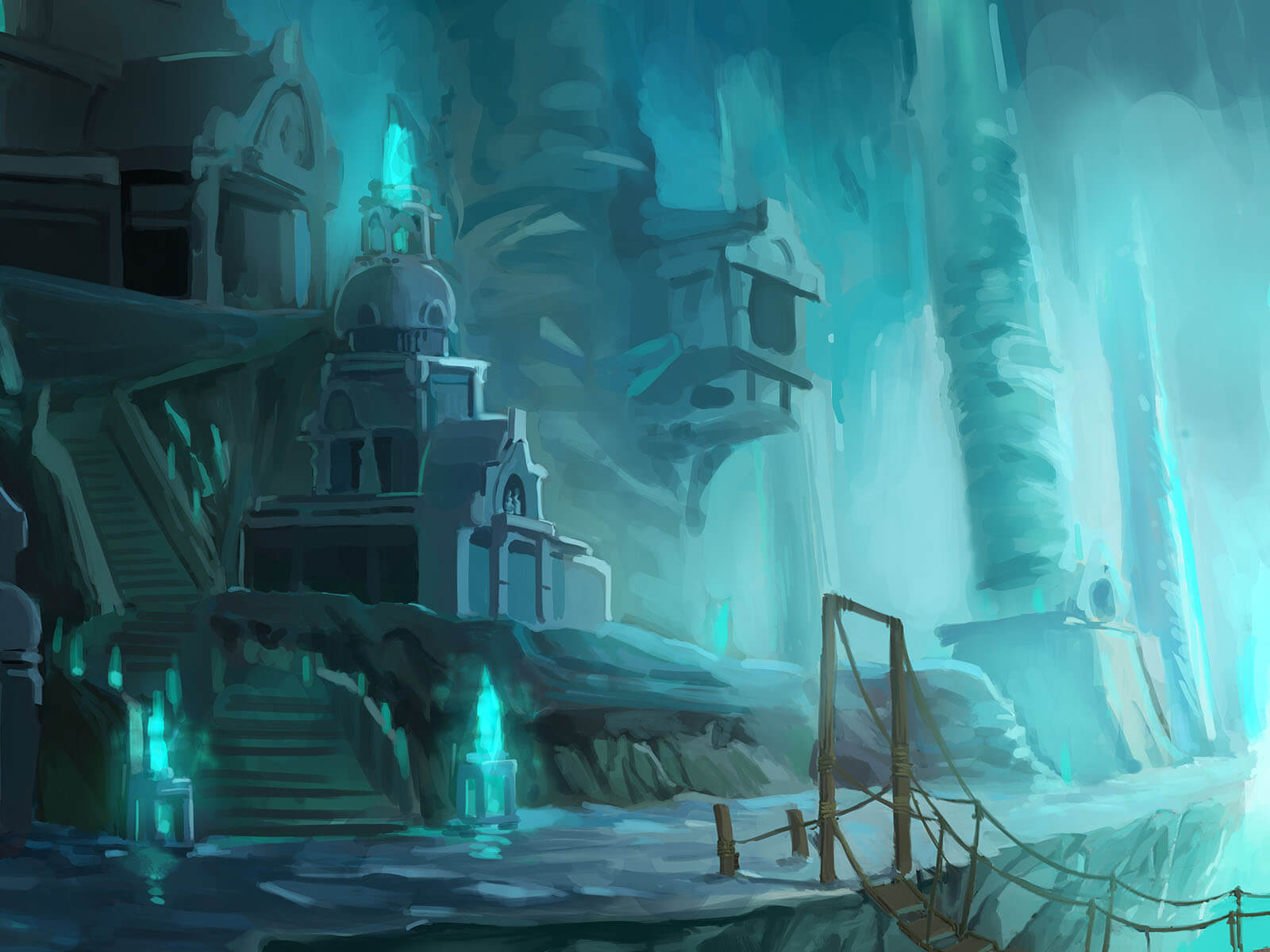 An underground city lit by an ethereal, blue light.